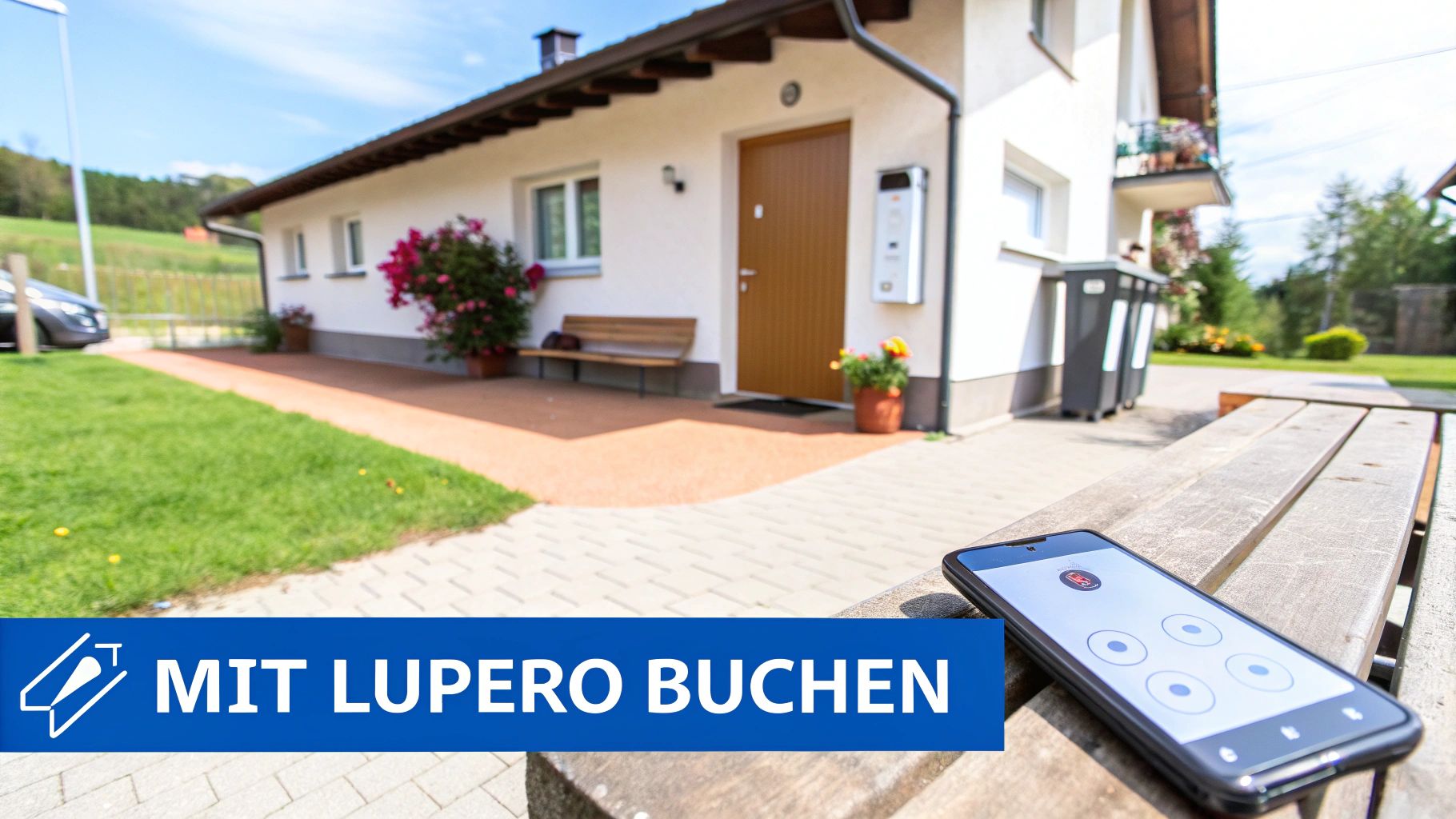Modernes Haus mit Garten, Smartphone auf Bank zur Smart-Home-Steuerung und Buchung.