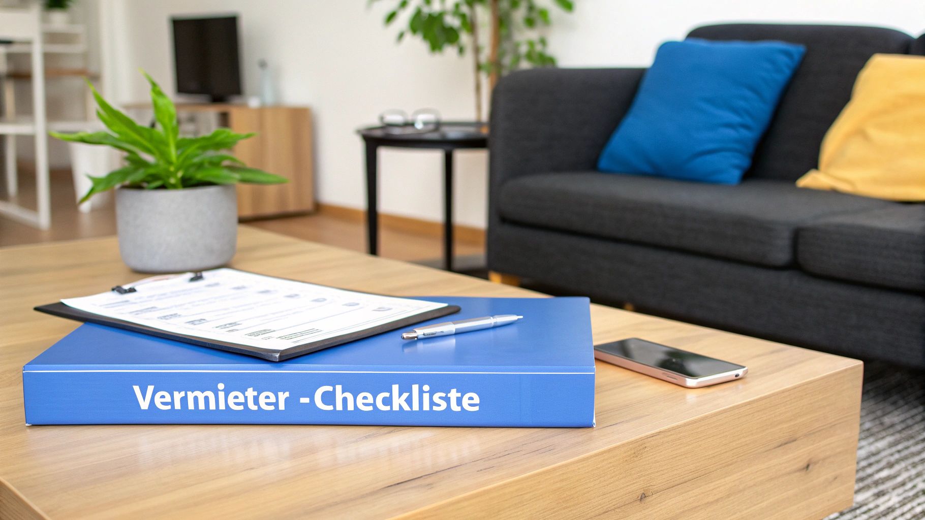 Ein blauer Ordner mit der Aufschrift 'Vermieter - Checkliste' liegt auf einem Holztisch mit Dokumenten, Stift und Smartphone in einem Wohnzimmerambiente.