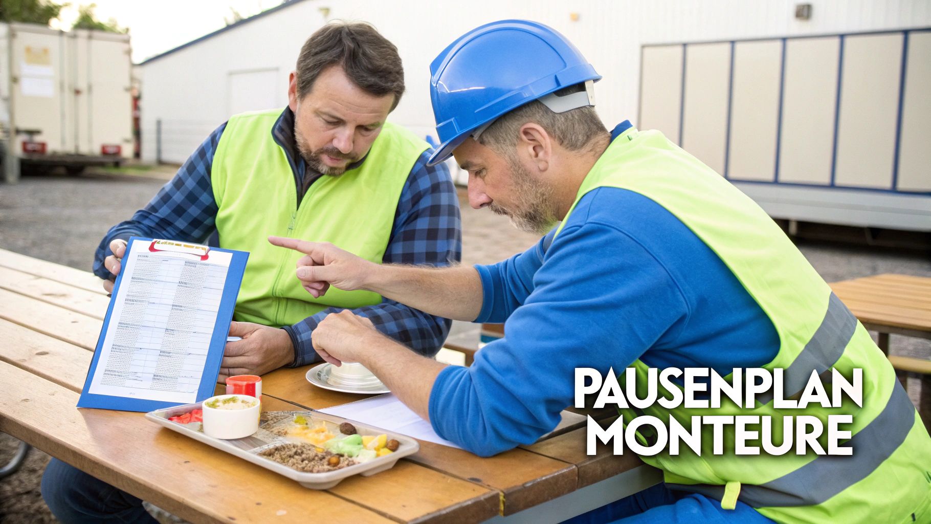 Zwei Monteure in Arbeitskleidung besprechen einen Plan an einem Tisch, während sie eine Pause machen und essen.