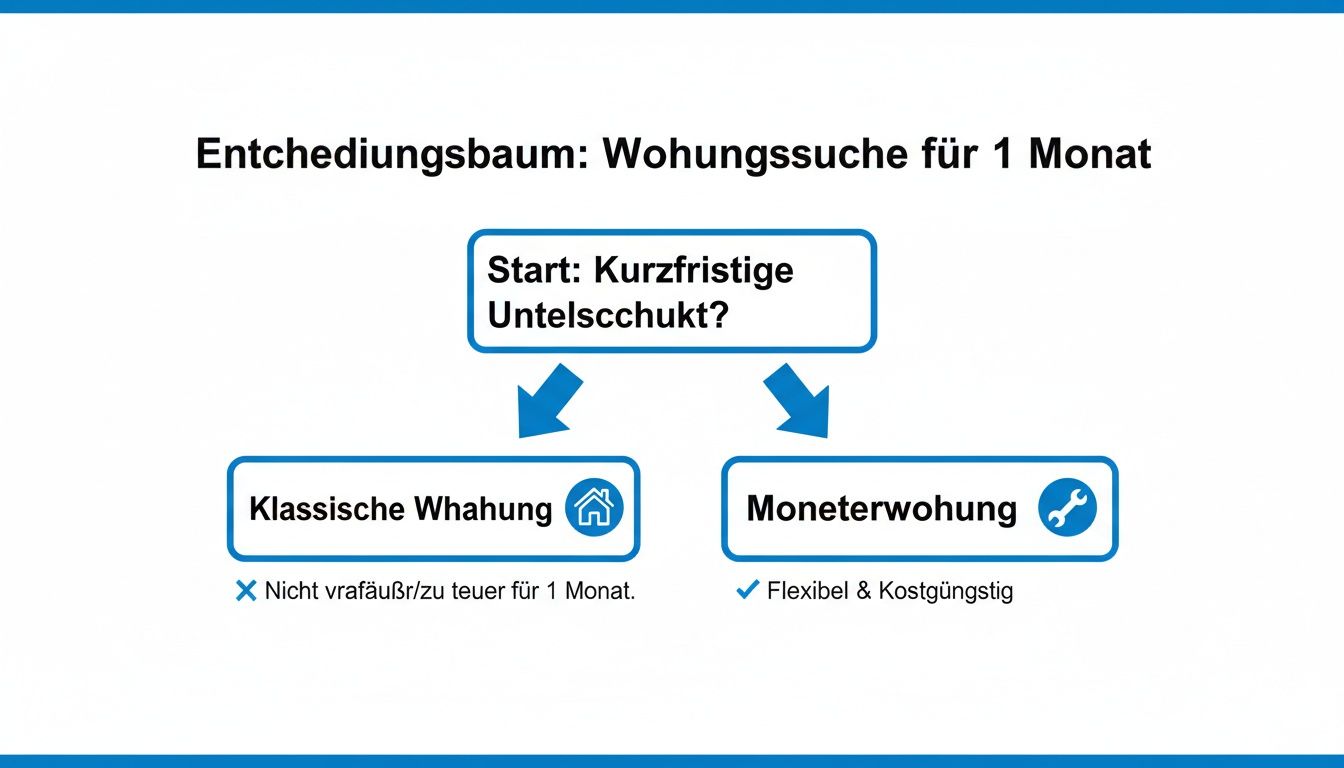Entscheidungsbaum zur Wohnungssuche für einen Monat, der klassische Wohnungen und Monteurwohnungen vergleicht.