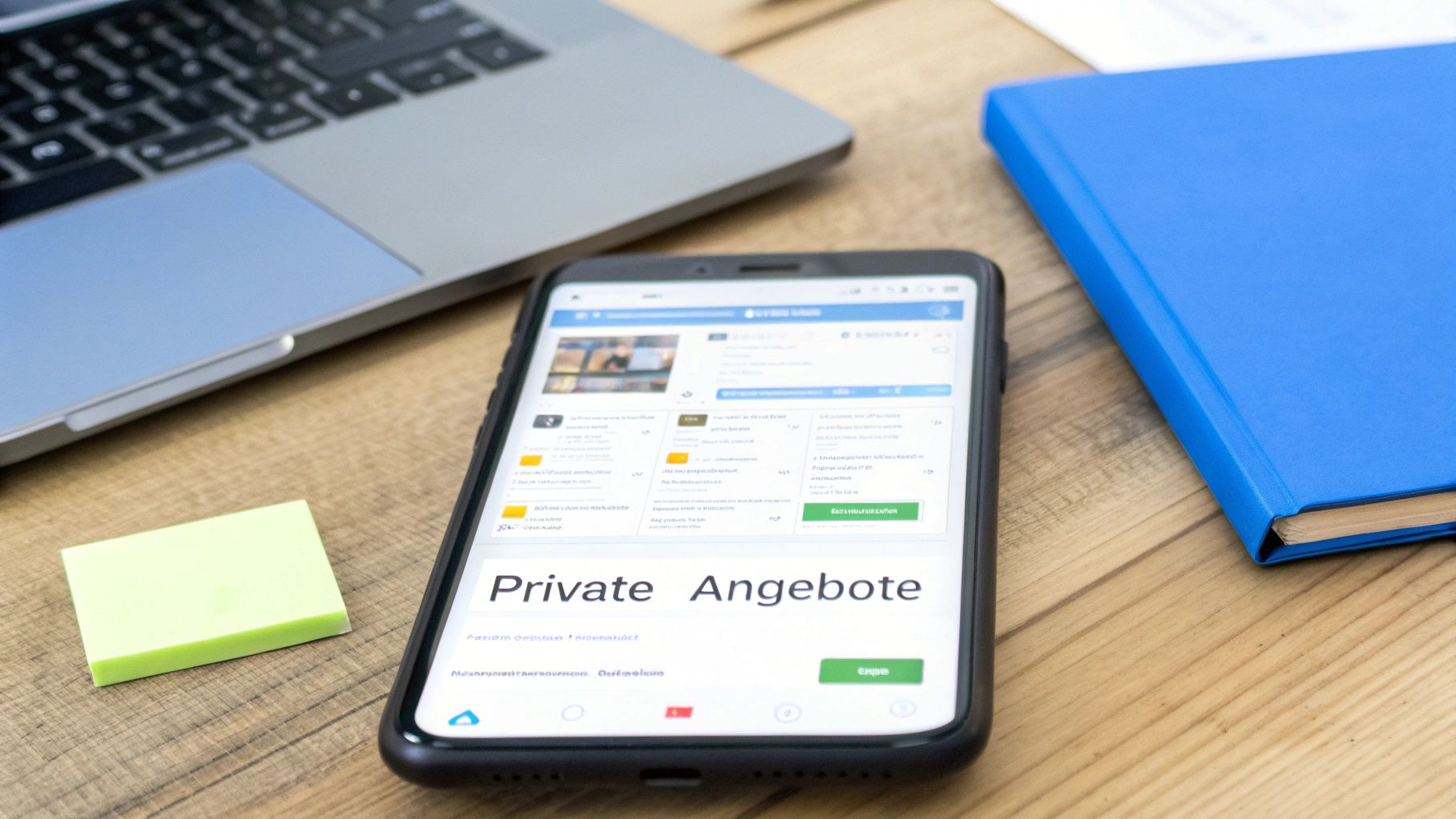 Smartphone zeigt Immobilienangebote auf einem Holztisch neben Laptop, blauem Notizbuch und Notizzettel.