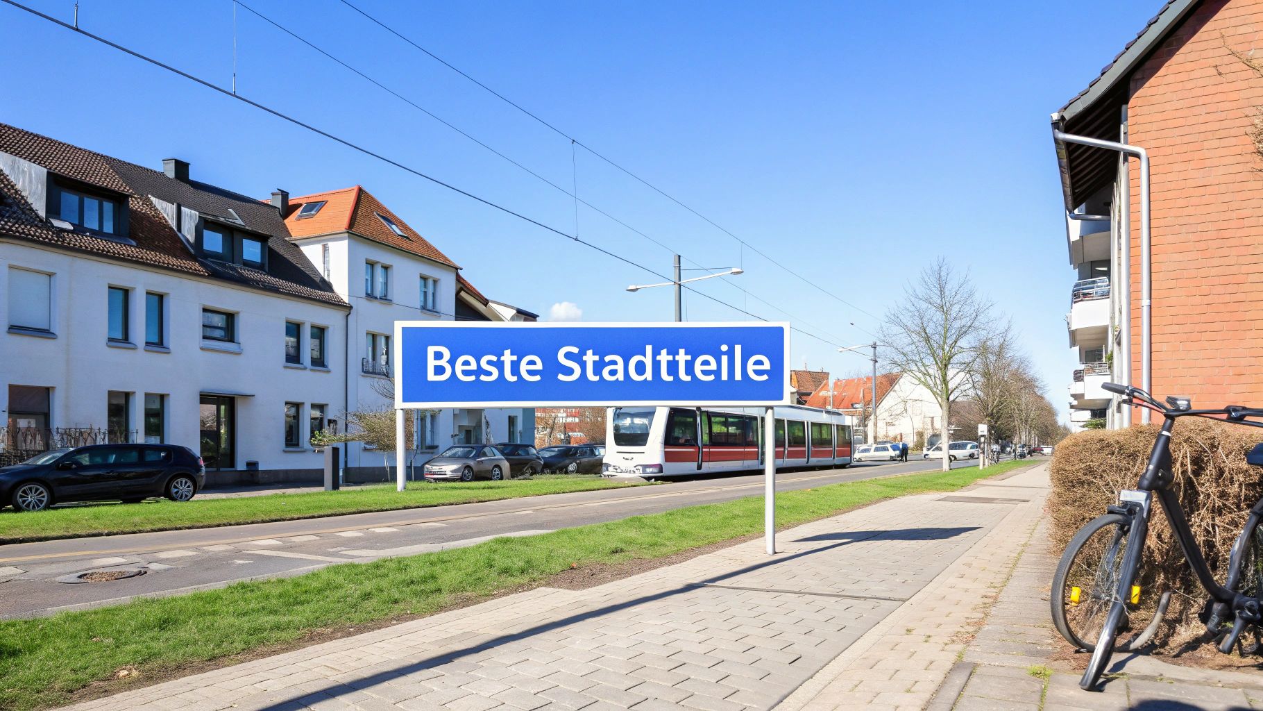 Eine städtische Szene mit Gebäuden, einer Straßenbahn, geparkten Autos und einem blauen Schild 'Beste Stadtteile' an einem sonnigen Tag.