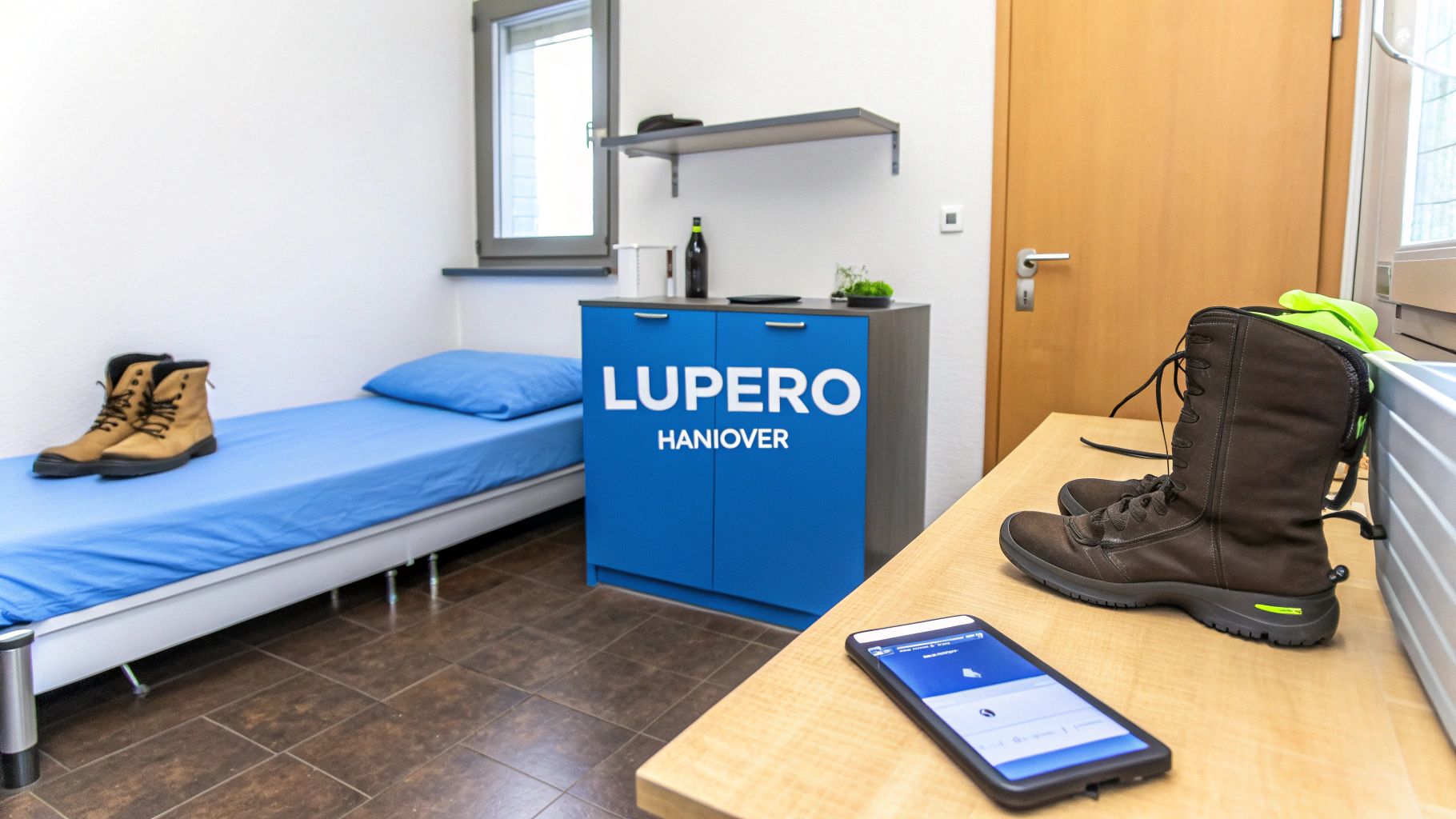 Modern eingerichtetes Zimmer bei LUPERO Haniover mit Bett, Kitchenette, Arbeitsplatz und persönlichen Gegenständen