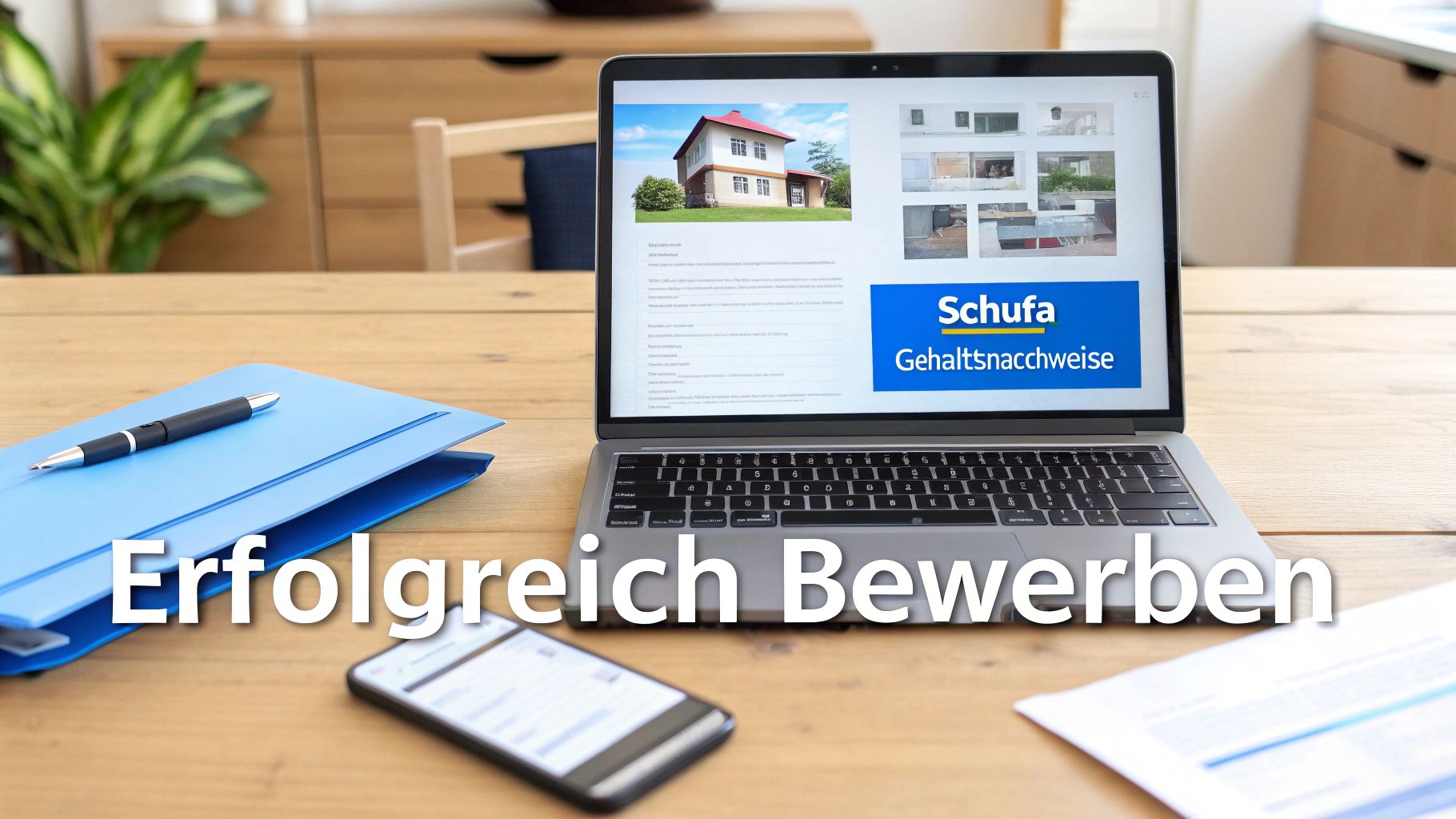 Ein Schreibtisch mit Laptop zeigt "Schufa Gehaltsnachweise" und "Erfolgreich Bewerben" für Wohnungssuche oder Job.