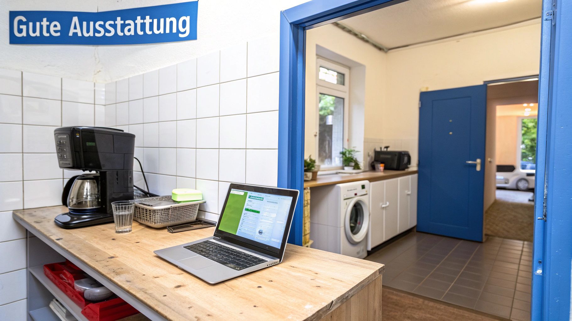 Ein heller Raum mit guter Ausstattung, inklusive Kaffeemaschine, Laptop und Waschmaschine, durch eine blaue Tür gesehen.