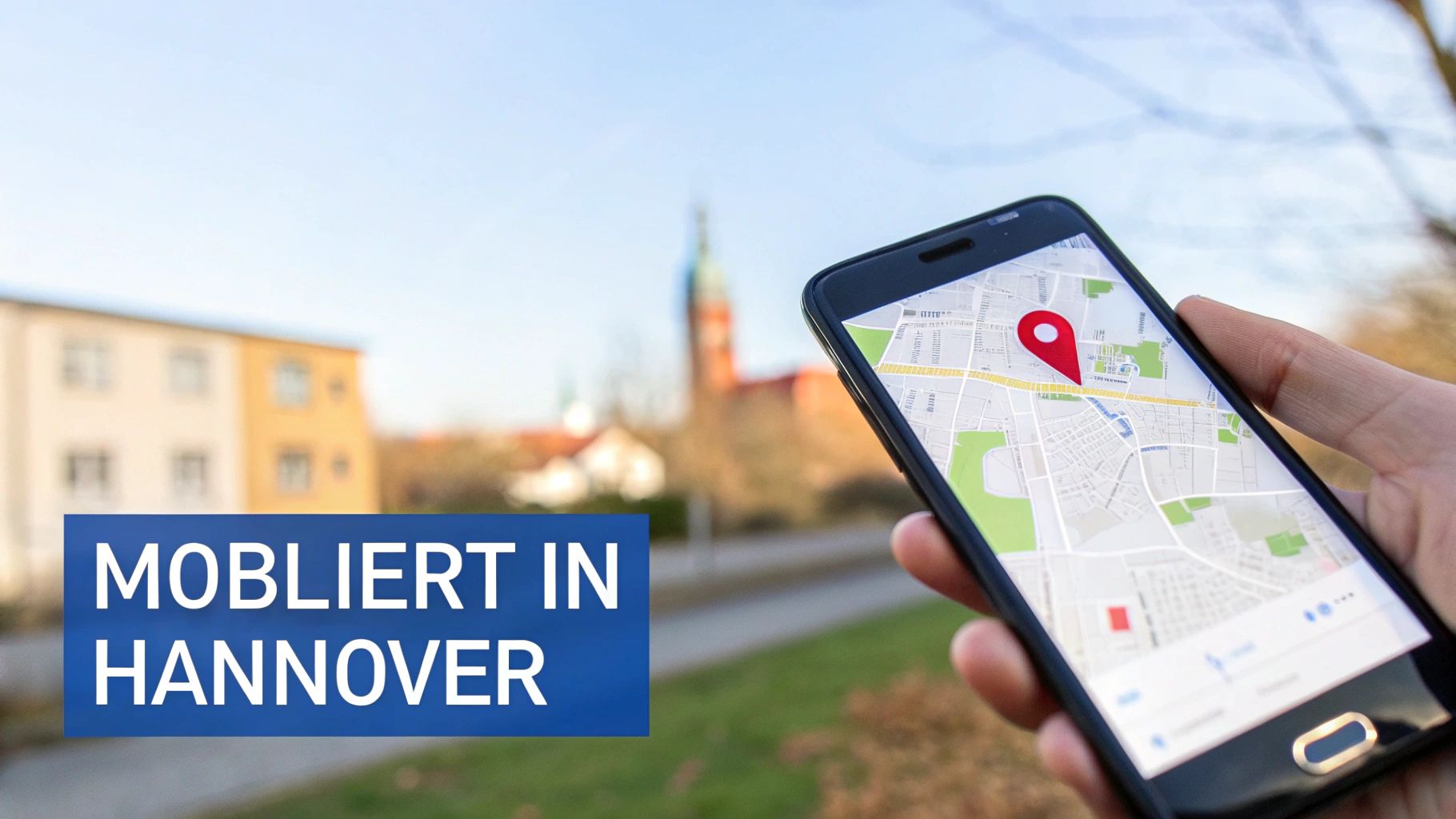 Hand hält Smartphone mit Stadtplan und roter Stecknadel, darüber der Text „Möbliert in Hannover“.