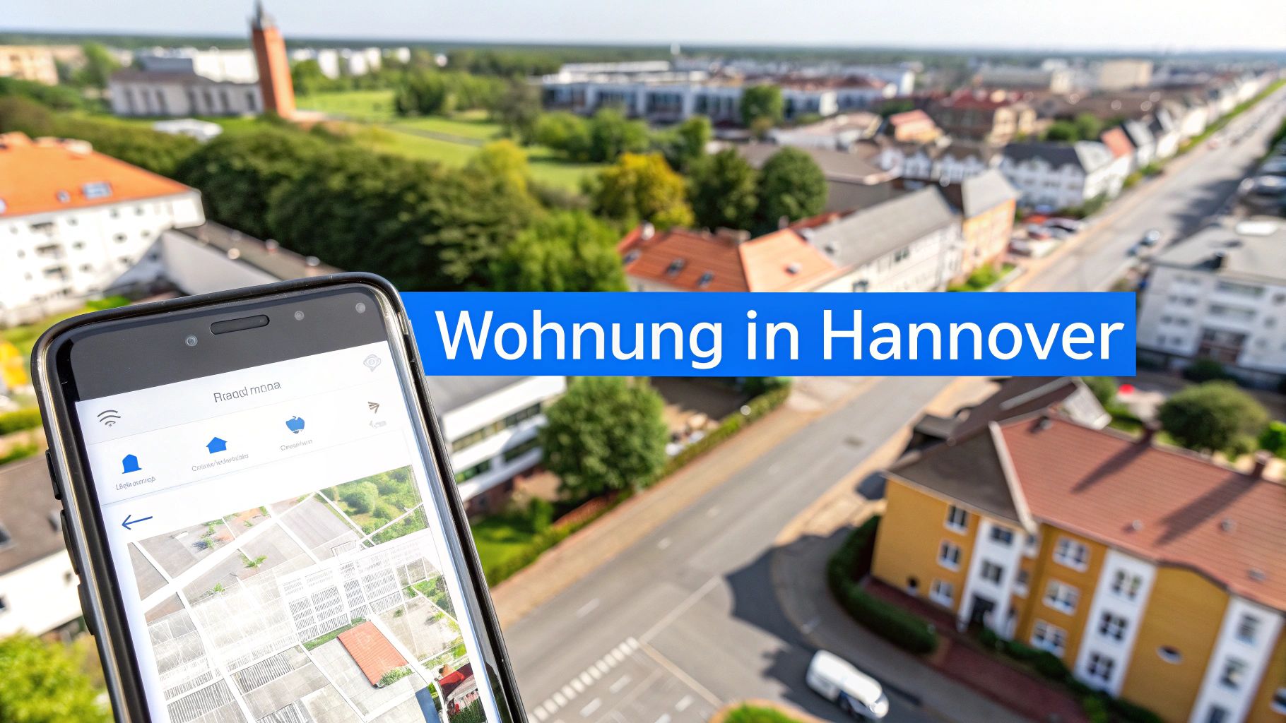 Smartphone zeigt Immobilien-App mit Stadtansicht im Hintergrund und Text 'Wohnung in Hannover'.