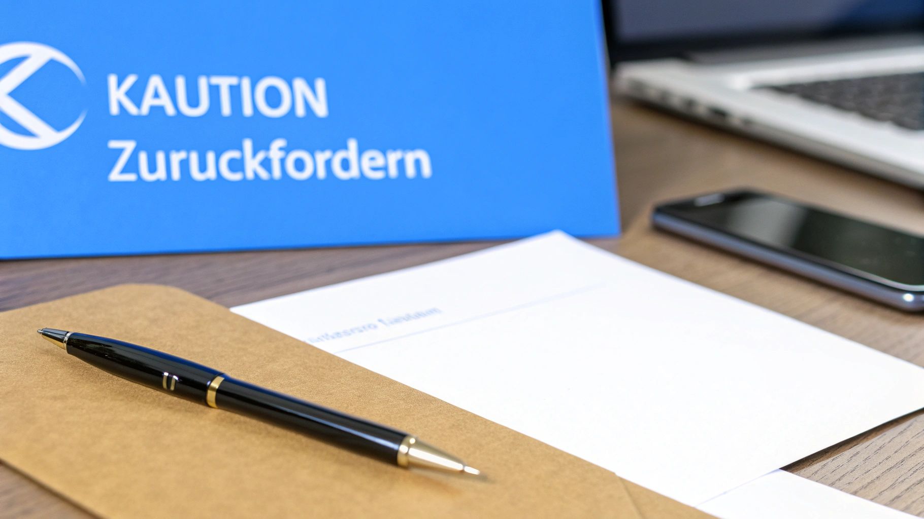 Schreibtisch mit einem blauen Schild "KAUTION Zurückfordern", Stift, Papieren und Laptop.