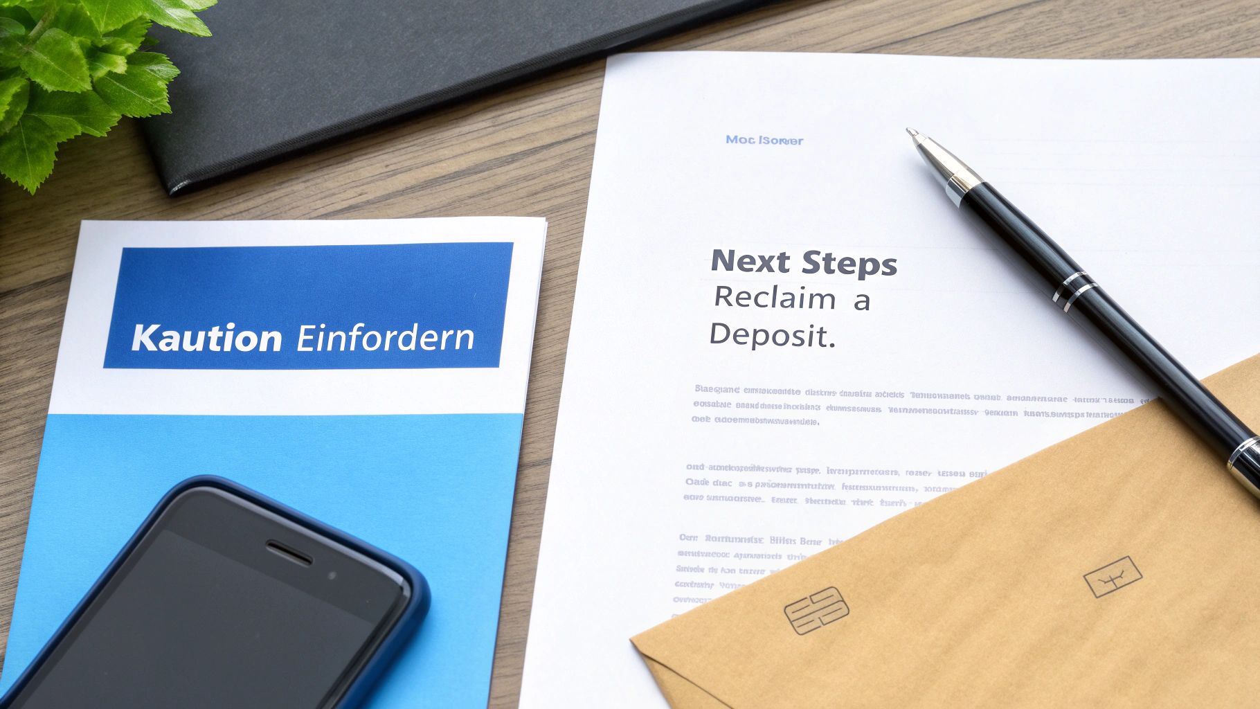 Dokumente zur Kautionsrückforderung mit Smartphone, Stift und Umschlag auf Schreibtisch