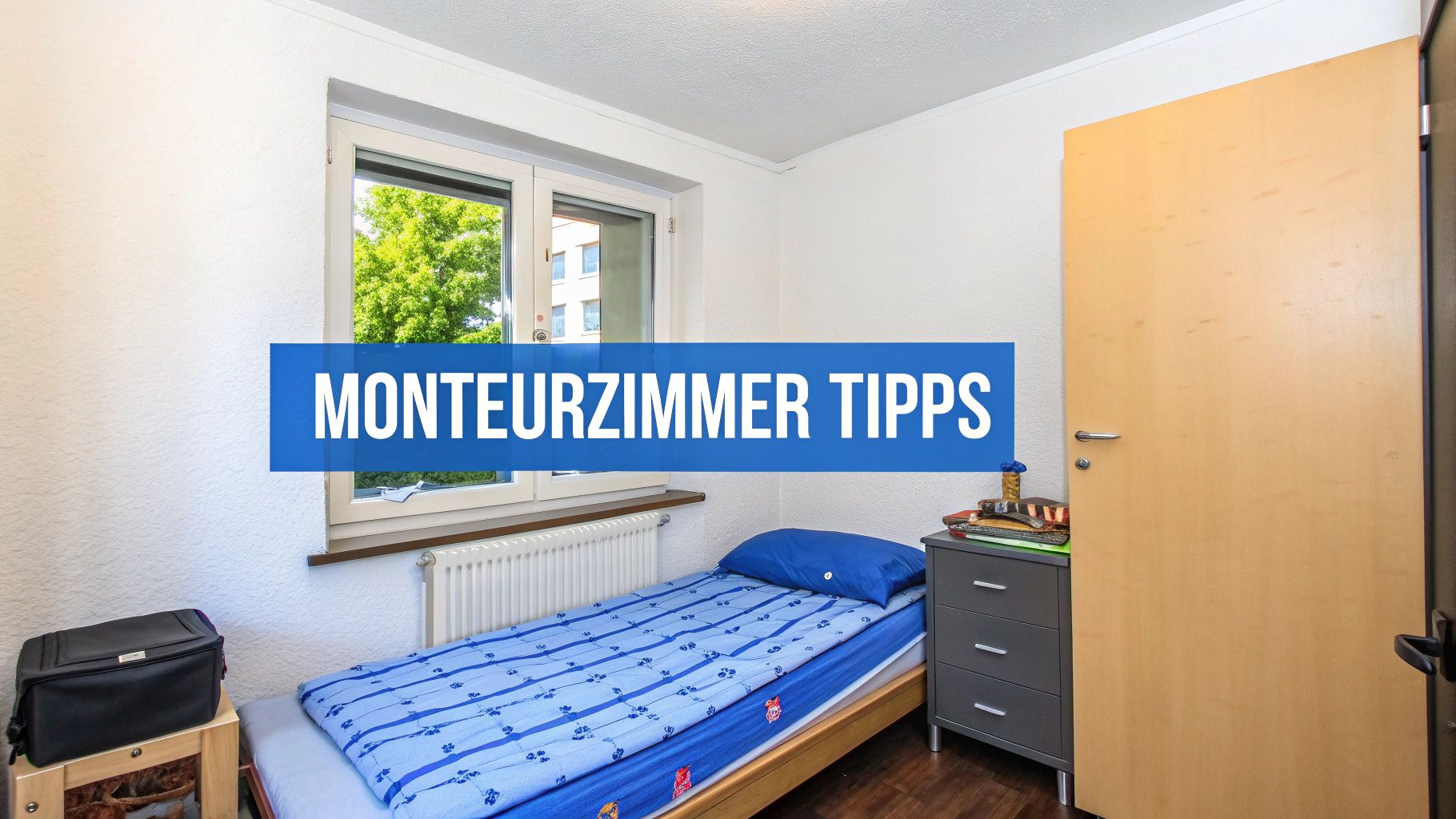 Gemütliches Monteurzimmer mit Bett, Fenster und Möbeln, das Tipps für Monteure bietet.