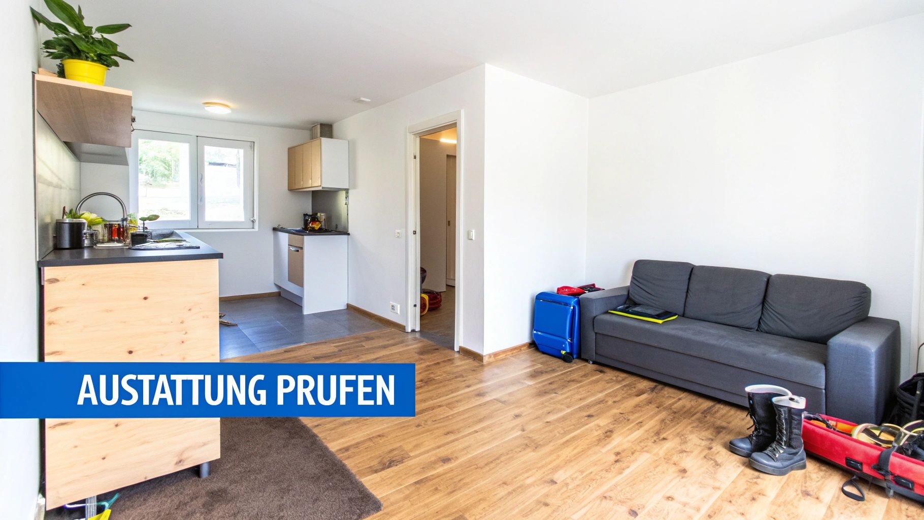 Helle Einzimmerwohnung mit moderner Küchenzeile, Sofa und Holzboden.