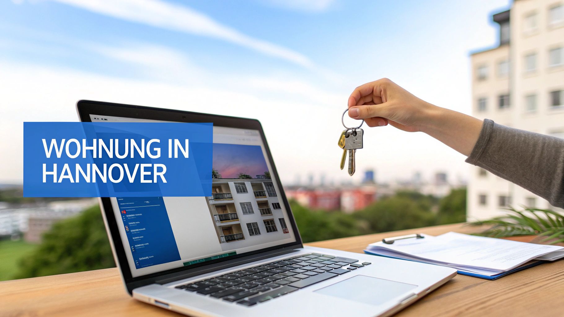 Eine Person hält Schlüssel vor einem Laptop, der Wohnungen in Hannover zeigt, mit Dokumenten daneben.