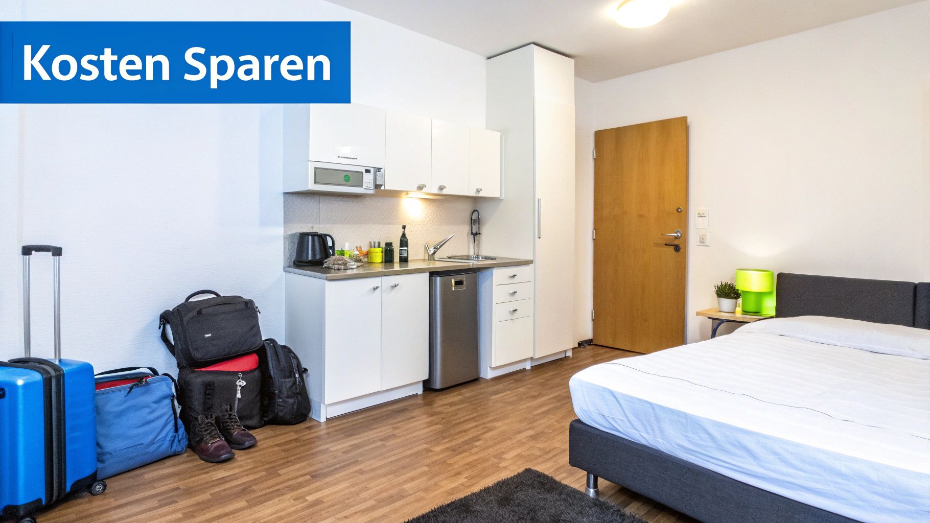 Ein helles Studio-Apartment mit integrierter Küchenzeile, Doppelbett und Reisegepäck. Oben steht "Kosten Sparen".