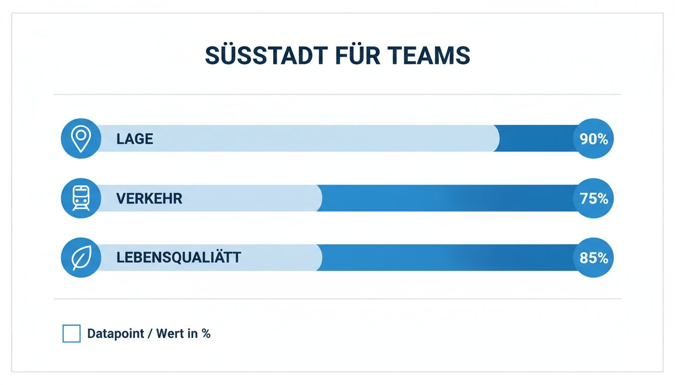 Balkendiagramm zeigt Bewertungen für Südstadt für Teams: Lage 90%, Verkehr 75%, Lebensqualität 85%.