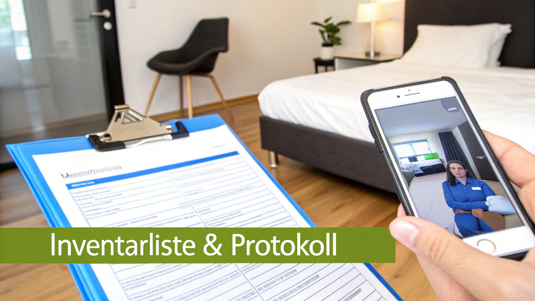 Hände halten Klemmbrett mit Inventarliste und Smartphone mit Live-Ansicht eines möblierten Zimmers.