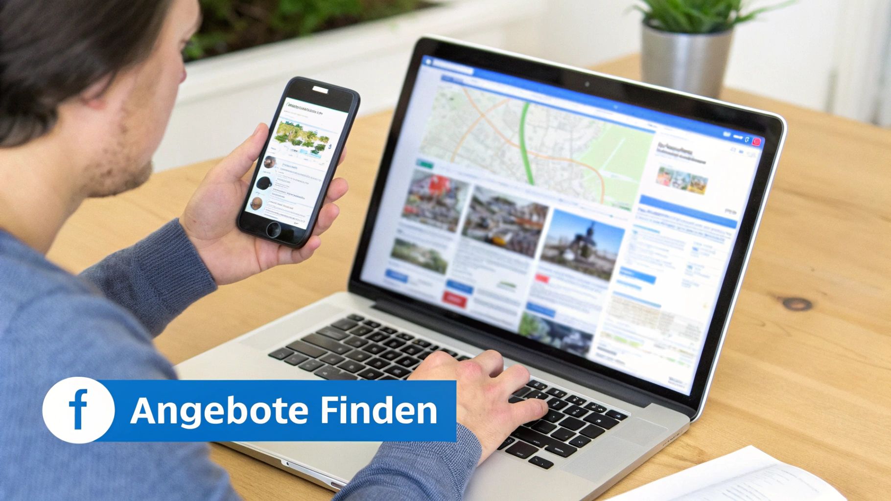 Mann sucht auf Laptop und Smartphone nach Unterkünften und Angeboten für Boardinghouses.