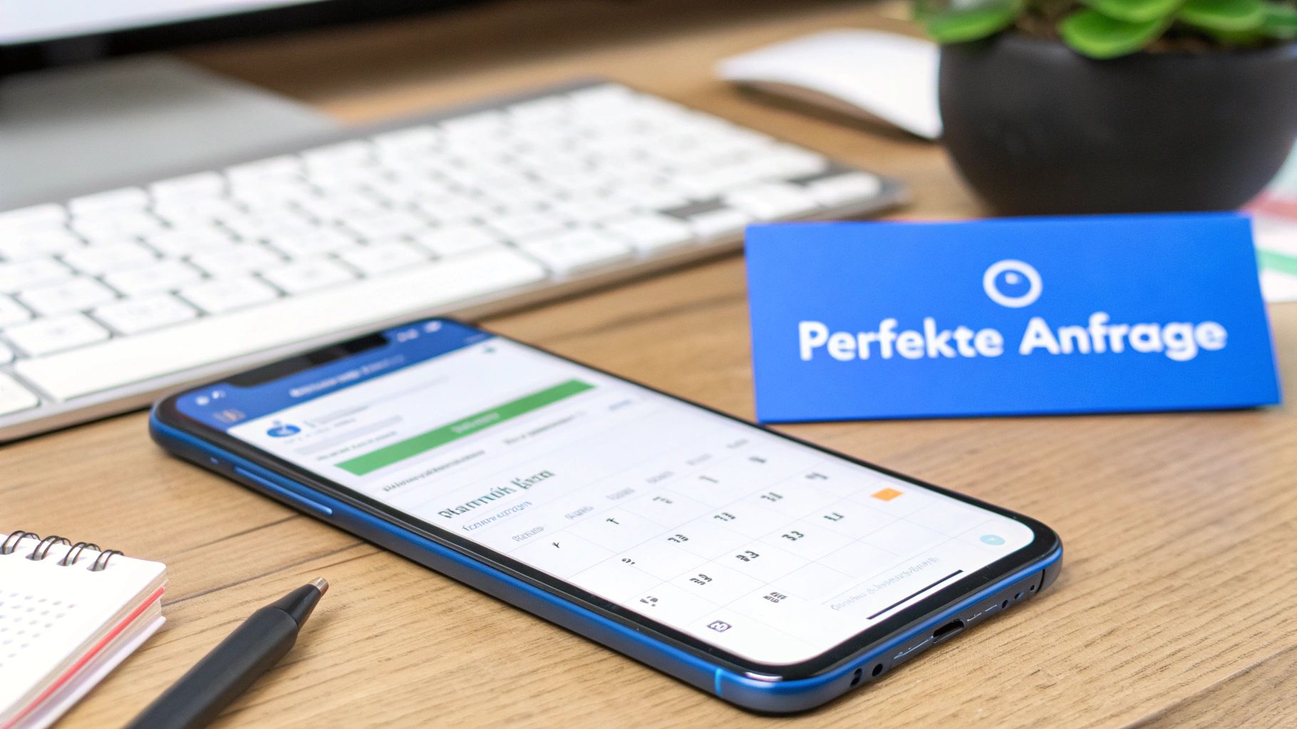 Ein Smartphone zeigt eine Planungs-App auf einem Schreibtisch mit Tastatur, Stift, Notizbuch und einem Schild 'Perfekte Anfrage'.