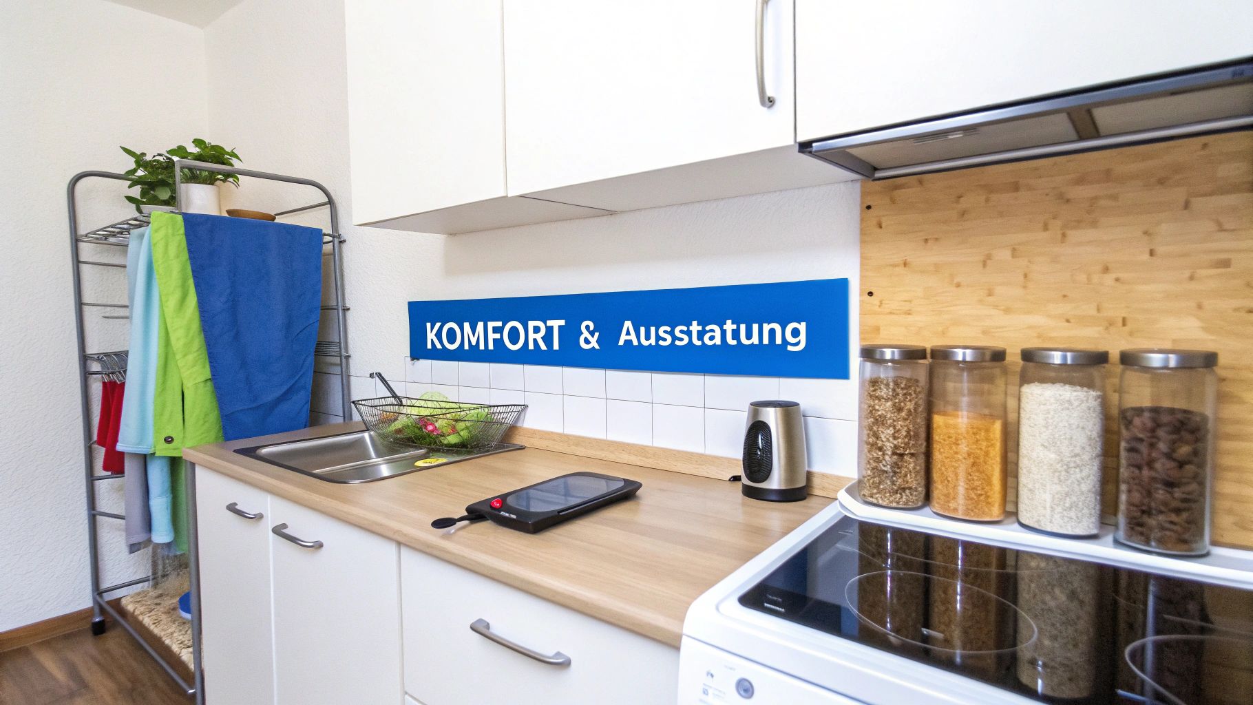 Eine moderne Küche mit Spüle, weißen Schränken, Induktionskochfeld, Gewürzgläsern und einem Handtuchhalter mit der Aufschrift 'KOMFORT & Ausstattung'.