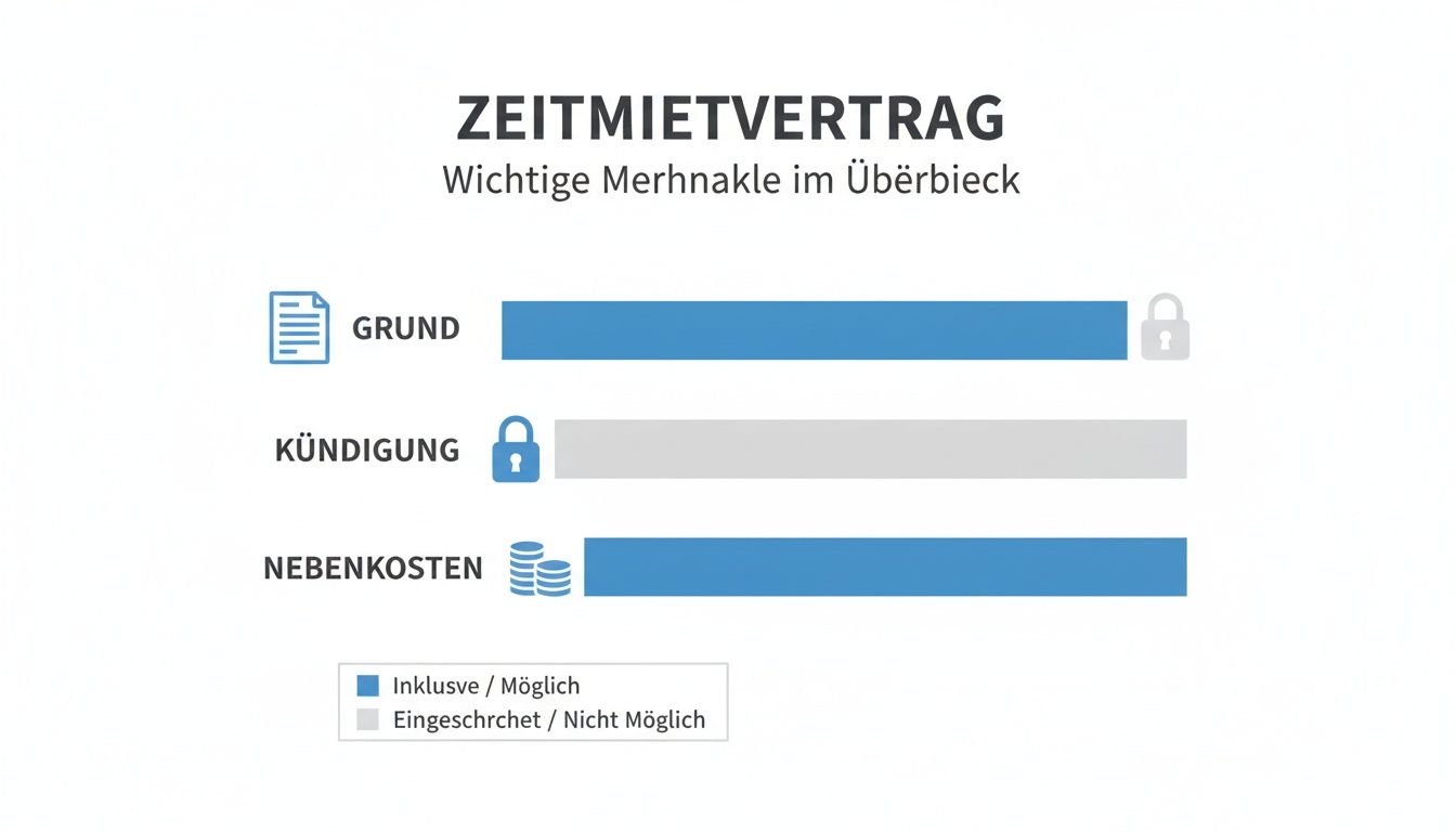 Infografik zum Zeitmietvertrag mit Überblick über Gründe, Kündigung und Nebenkosten, farblich codiert.
