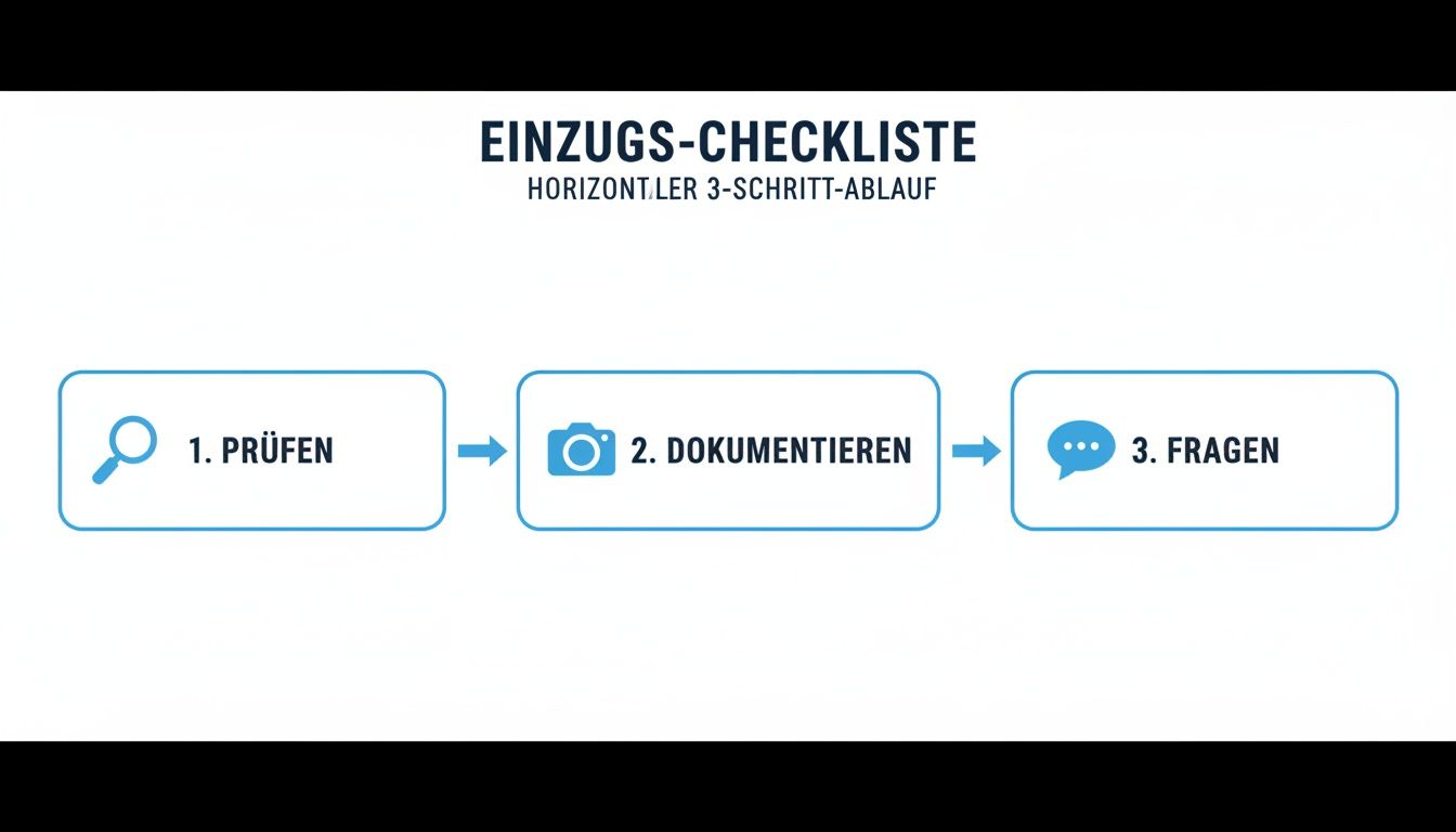 Umzugs-Checkliste: Drei-Schritte-Ablauf zum Prüfen, Dokumentieren und Fragen beim Einzug in eine Wohnung.