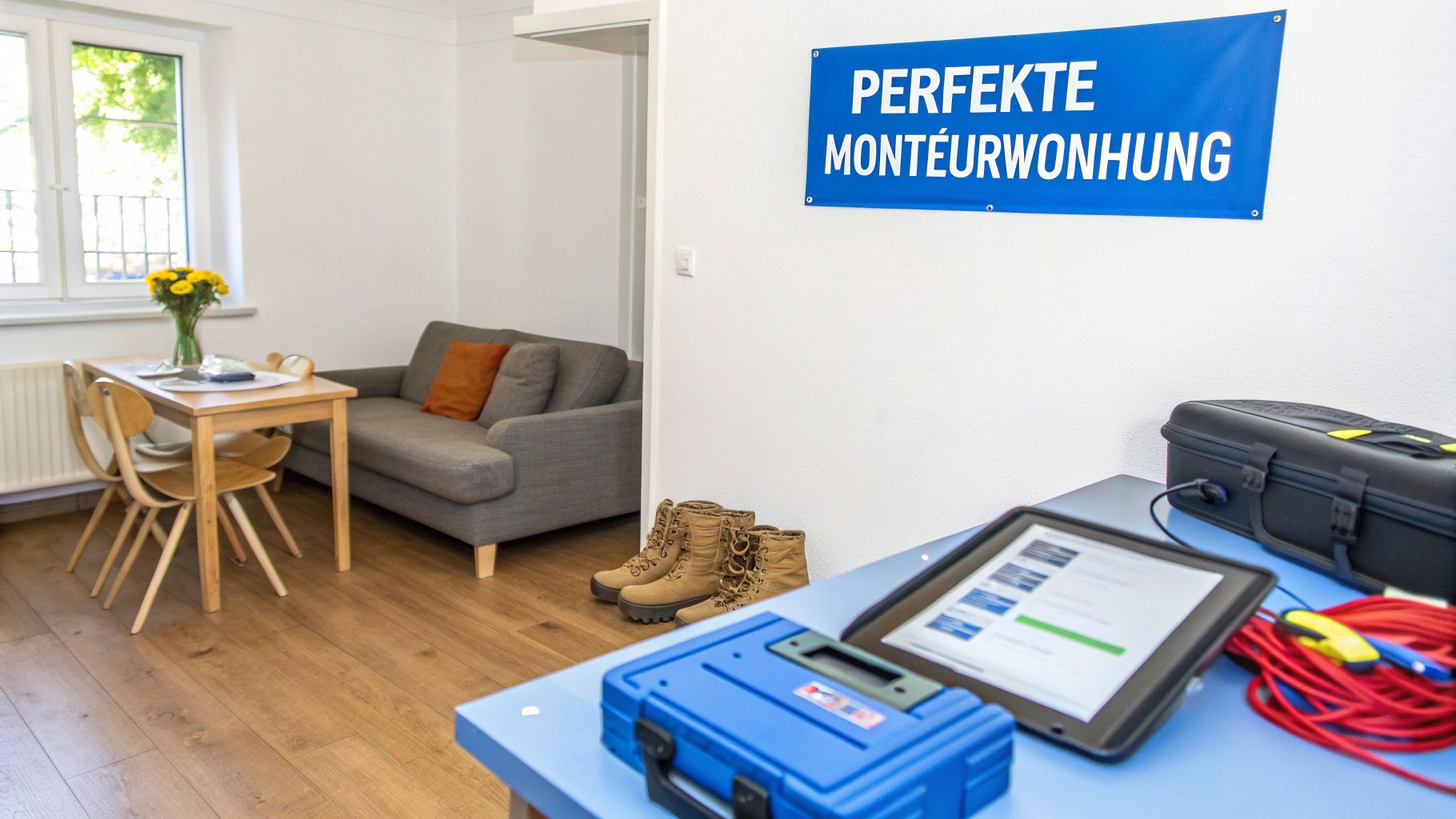 Helles Wohnzimmer einer Monteurwohnung mit Esstisch, Sofa, Fenster und Arbeitsmaterialien auf einem Tisch.