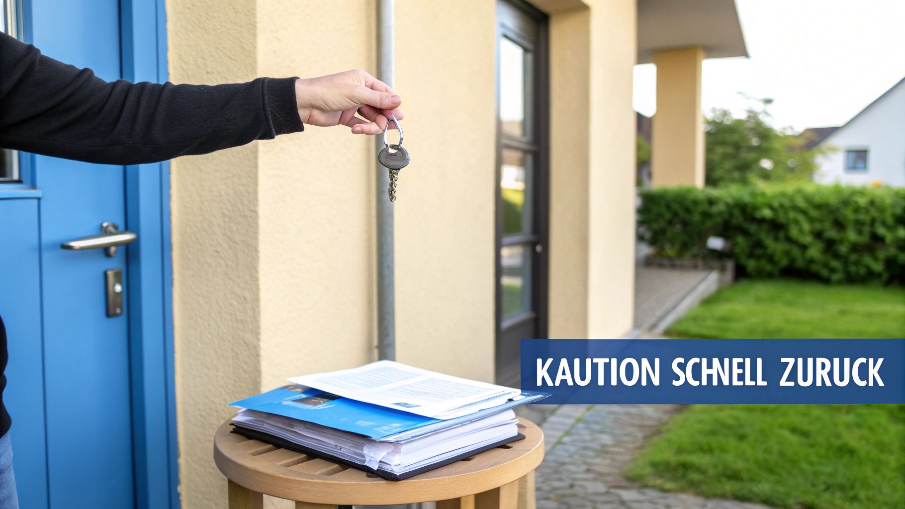 Eine Hand hält Schlüssel vor einer blauen Tür mit Dokumenten, symbolisch für die schnelle Kautionsrückgabe.