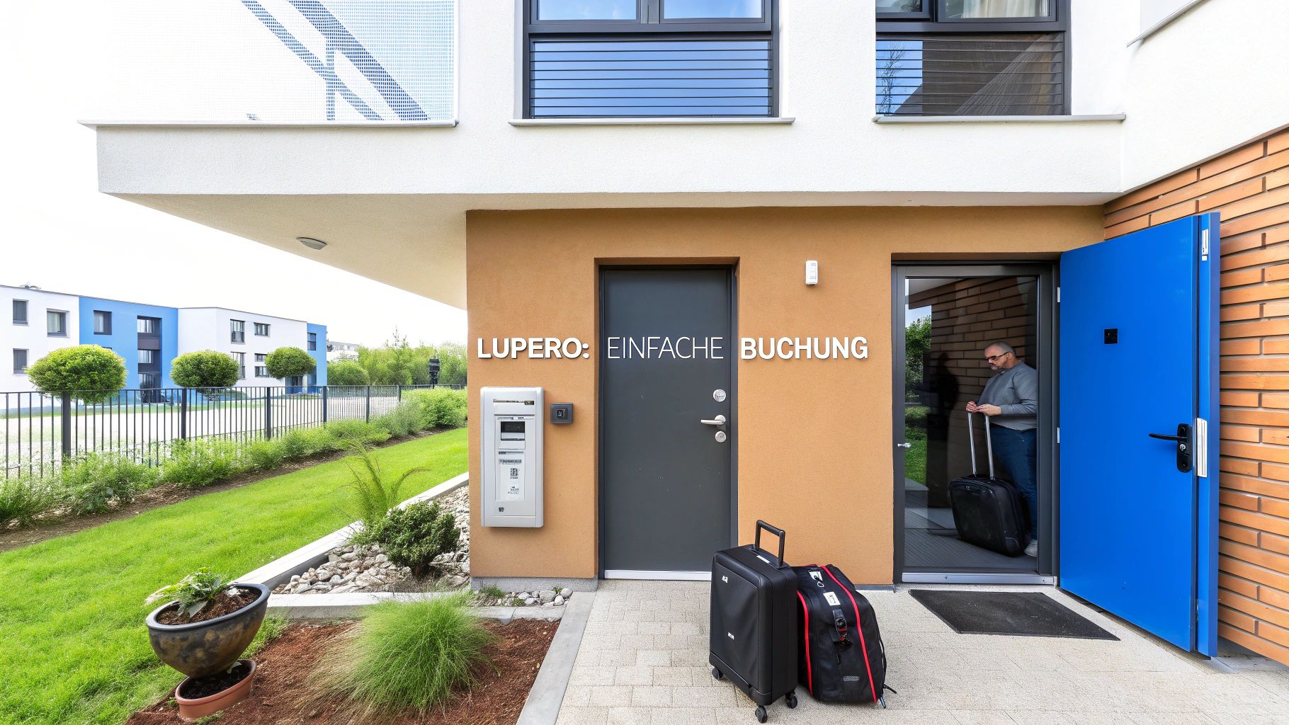 Moderner Eingang eines Wohnhauses mit einem Mann, der Koffer zieht, und zwei Reisekoffern davor. Text: LUPERO: EINFACHE BUCHUNG.
