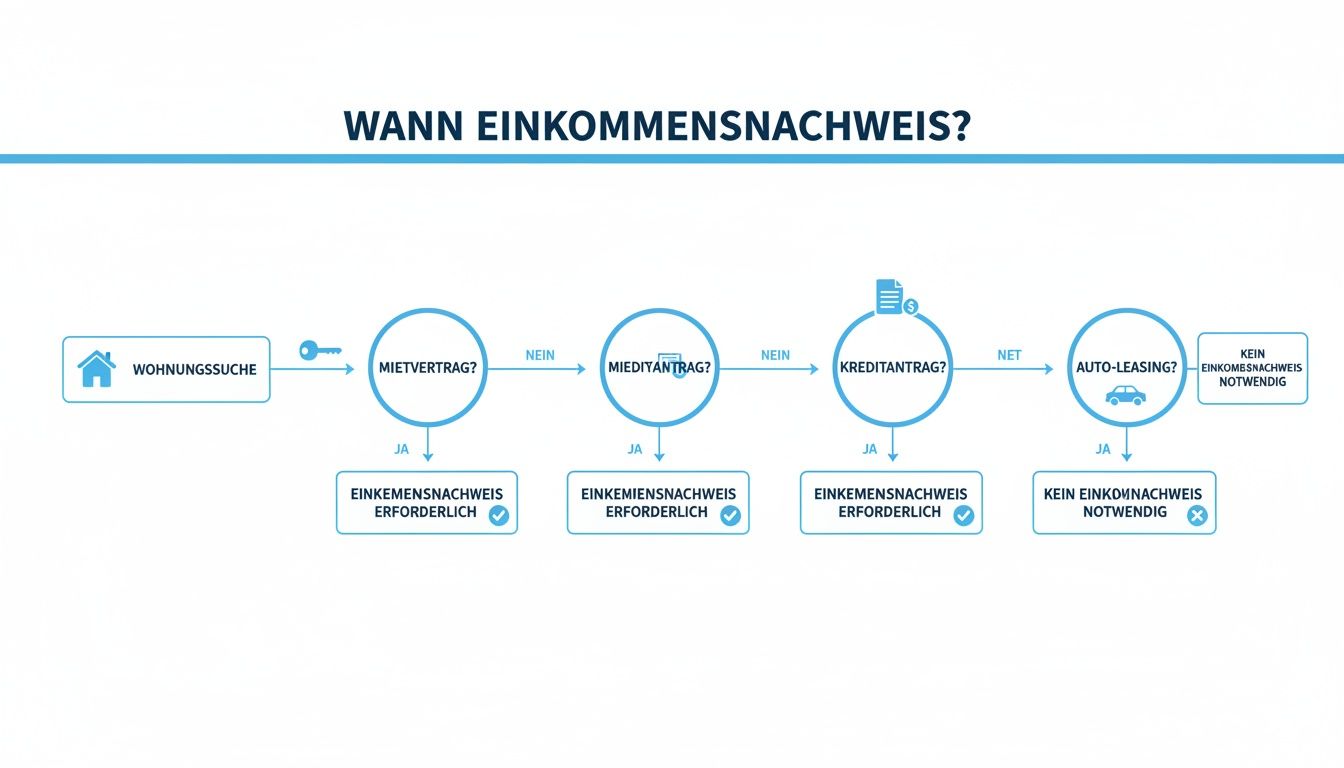 Flussdiagramm zeigt, wann ein Einkommensnachweis bei Wohnungsmiete, Kreditantrag oder Auto-Leasing erforderlich ist.