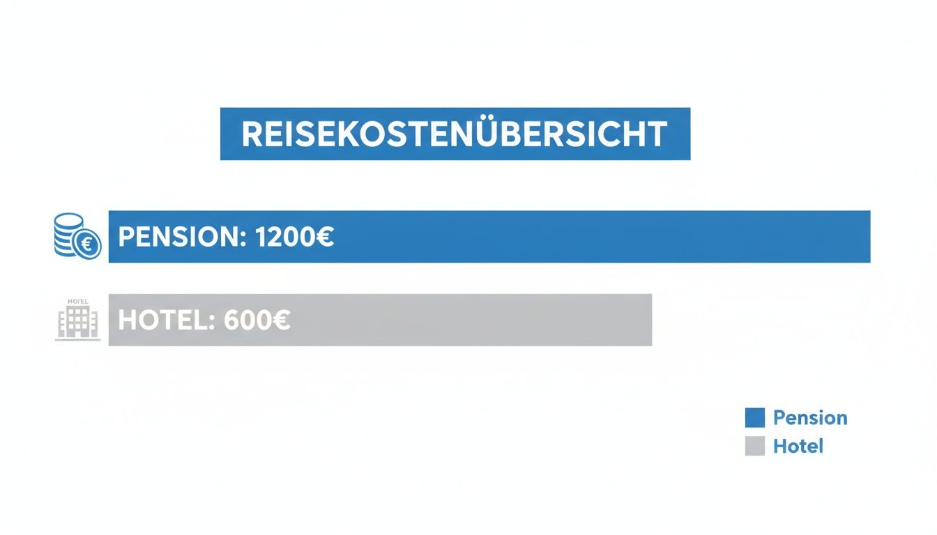 Reisekostenübersicht zeigt Ausgaben: Pension 1200€ und Hotel 600€.
