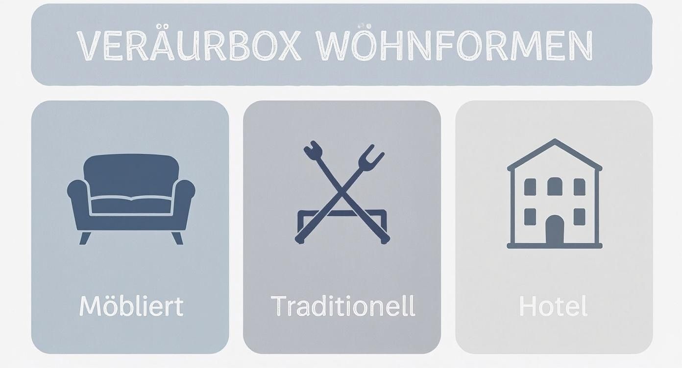 Das Bild zeigt drei Wohnformen: möbliert mit Sofa-Icon, traditionell mit Besteck-Icon und Hotel mit Gebäude-Icon.