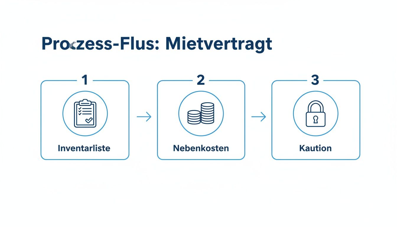 Diagramm zeigt den Prozessfluss eines Mietvertrags mit Schritten wie Inventarliste, Nebenkosten und Kaution.