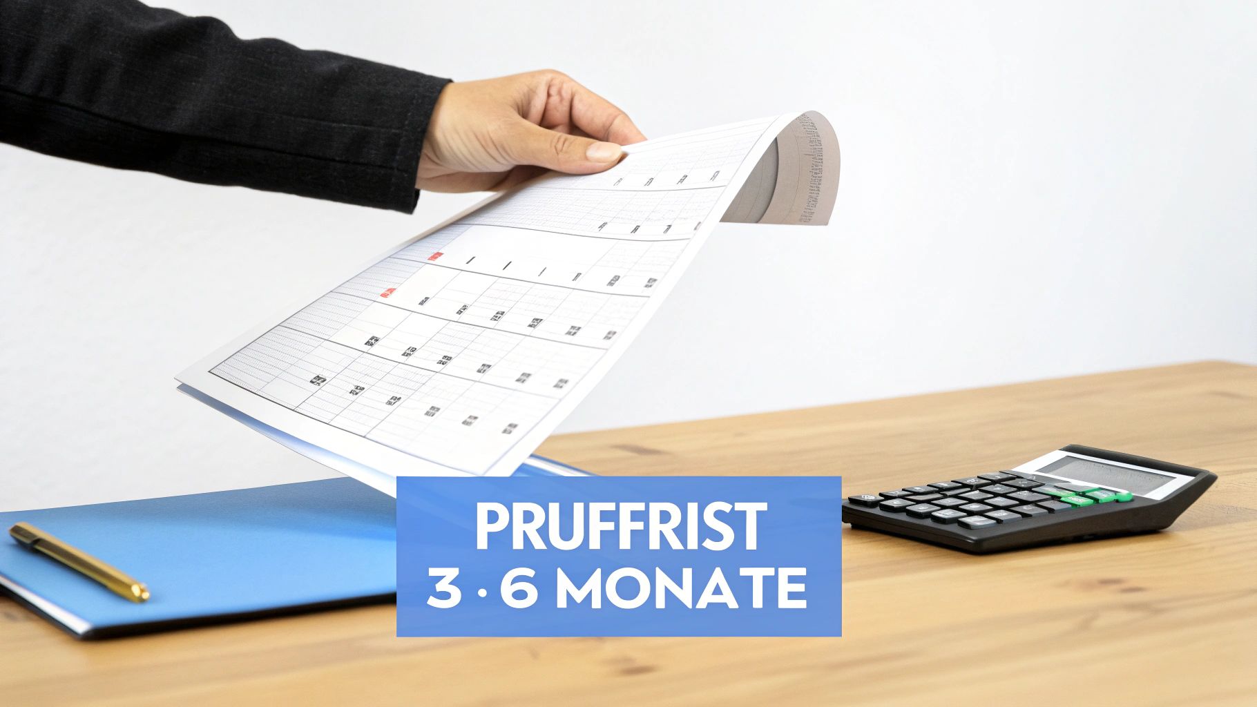 Eine Person hält ein Kalenderblatt auf einem Schreibtisch mit Taschenrechner und Ordner. Text: 'PRÜFFRIST 3-6 MONATE'.
