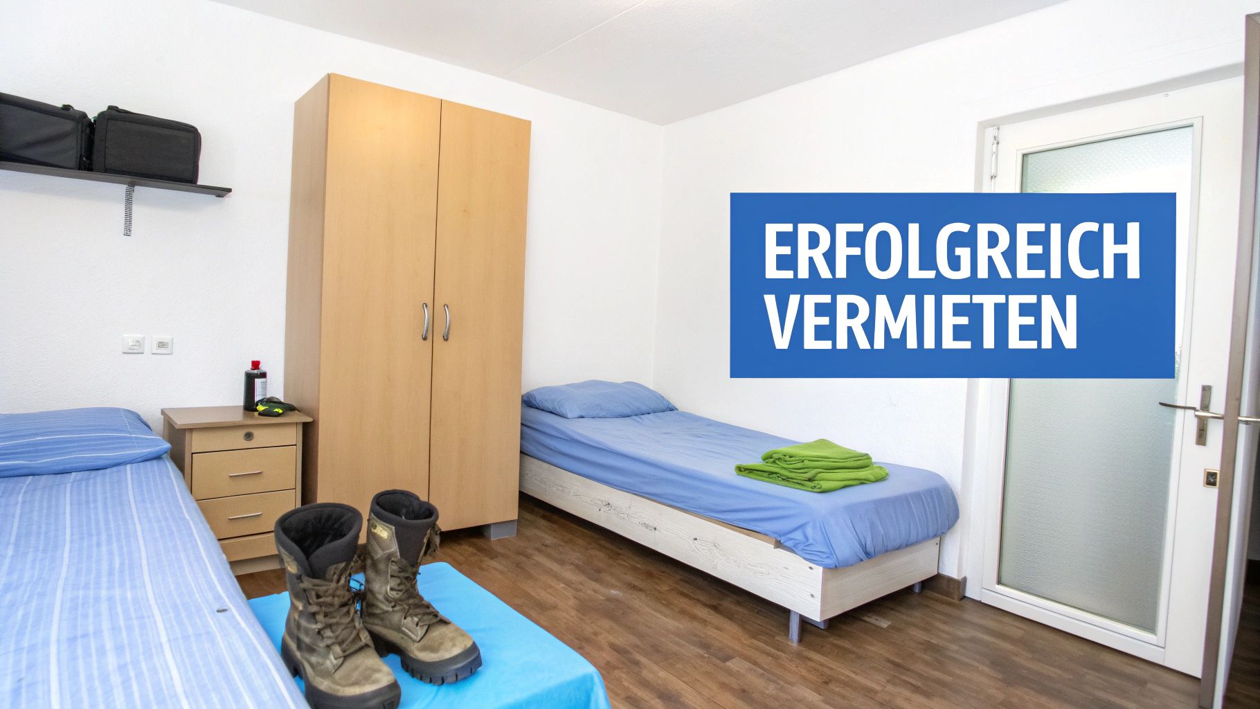 Helles Zimmer mit zwei Einzelbetten, Schrank und Nachttisch, ideal für Monteurwohnungen.