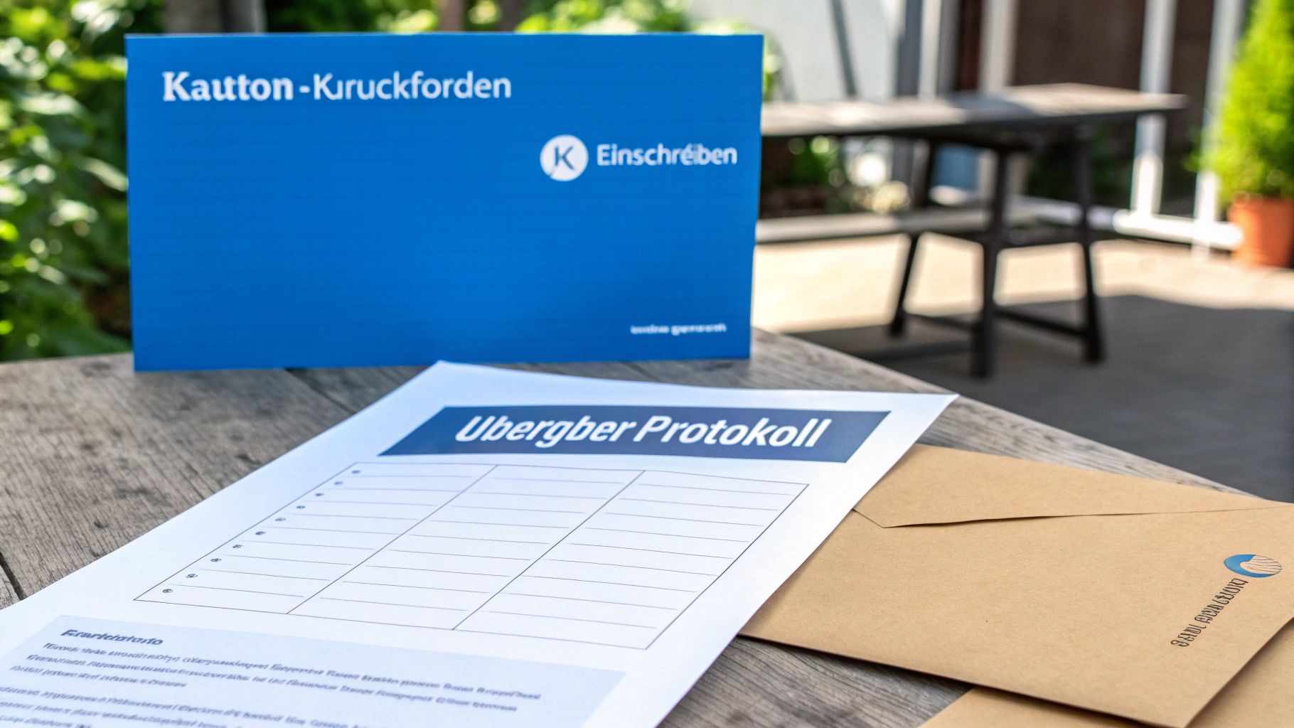 Dokumente für die Kautionsrückzahlung: Einschreiben-Schild, Übergabeprotokoll und Umschläge auf einem Holztisch.