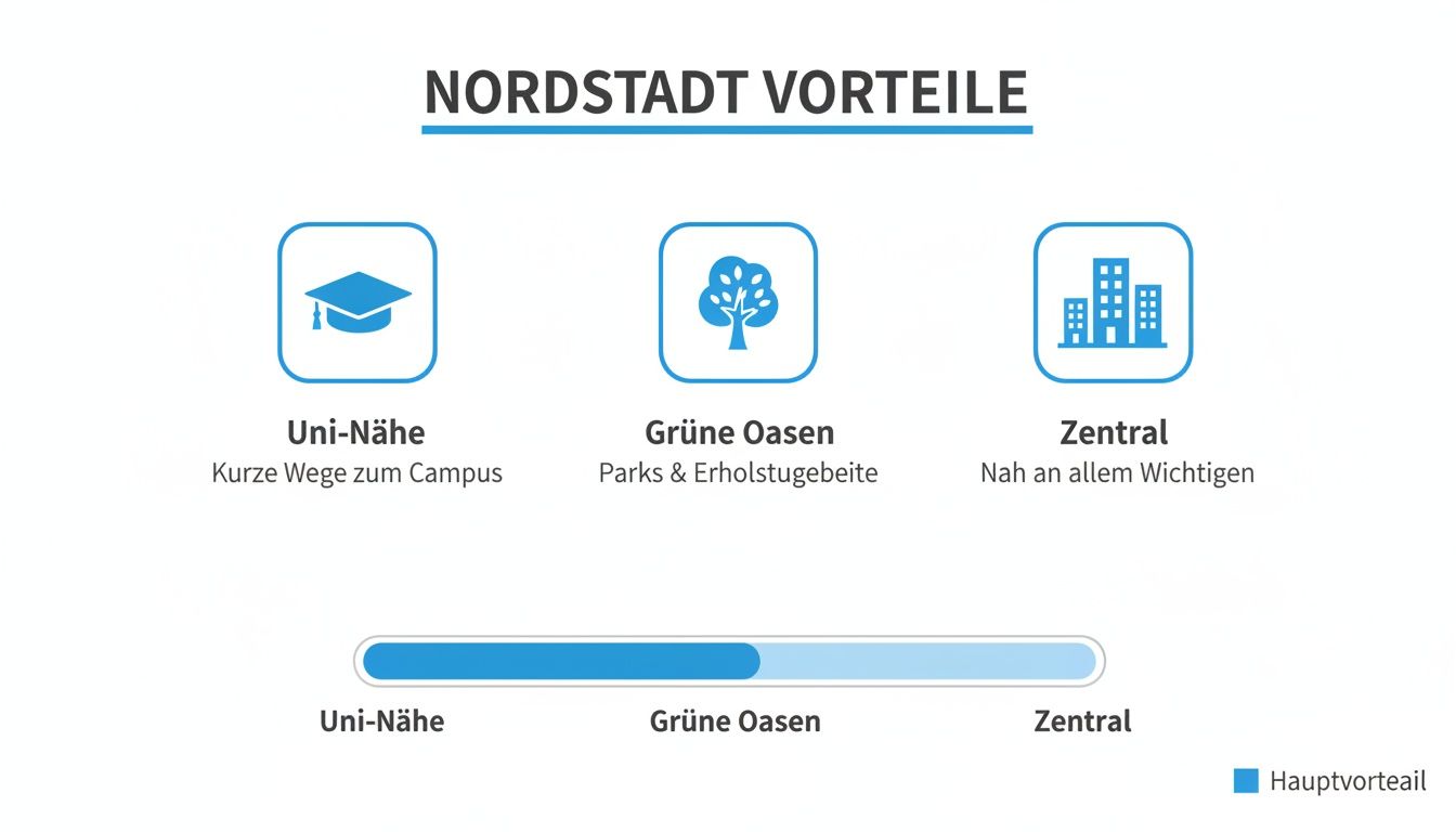 Infografik zeigt die Vorteile der Nordstadt: Uni-Nähe, grüne Oasen und zentrale Lage mit einer Prioritätsskala.