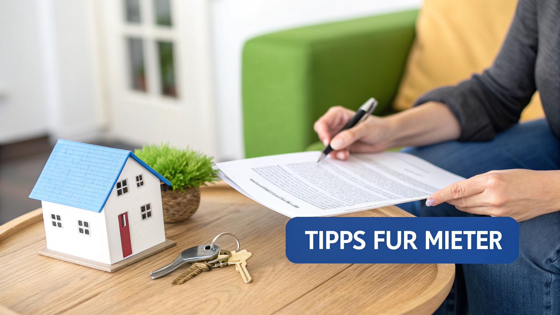Eine Person unterschreibt einen Mietvertrag mit einem Hausmodell und Schlüsseln auf einem Holztisch, dazu der Text 'Tipps für Mieter'.