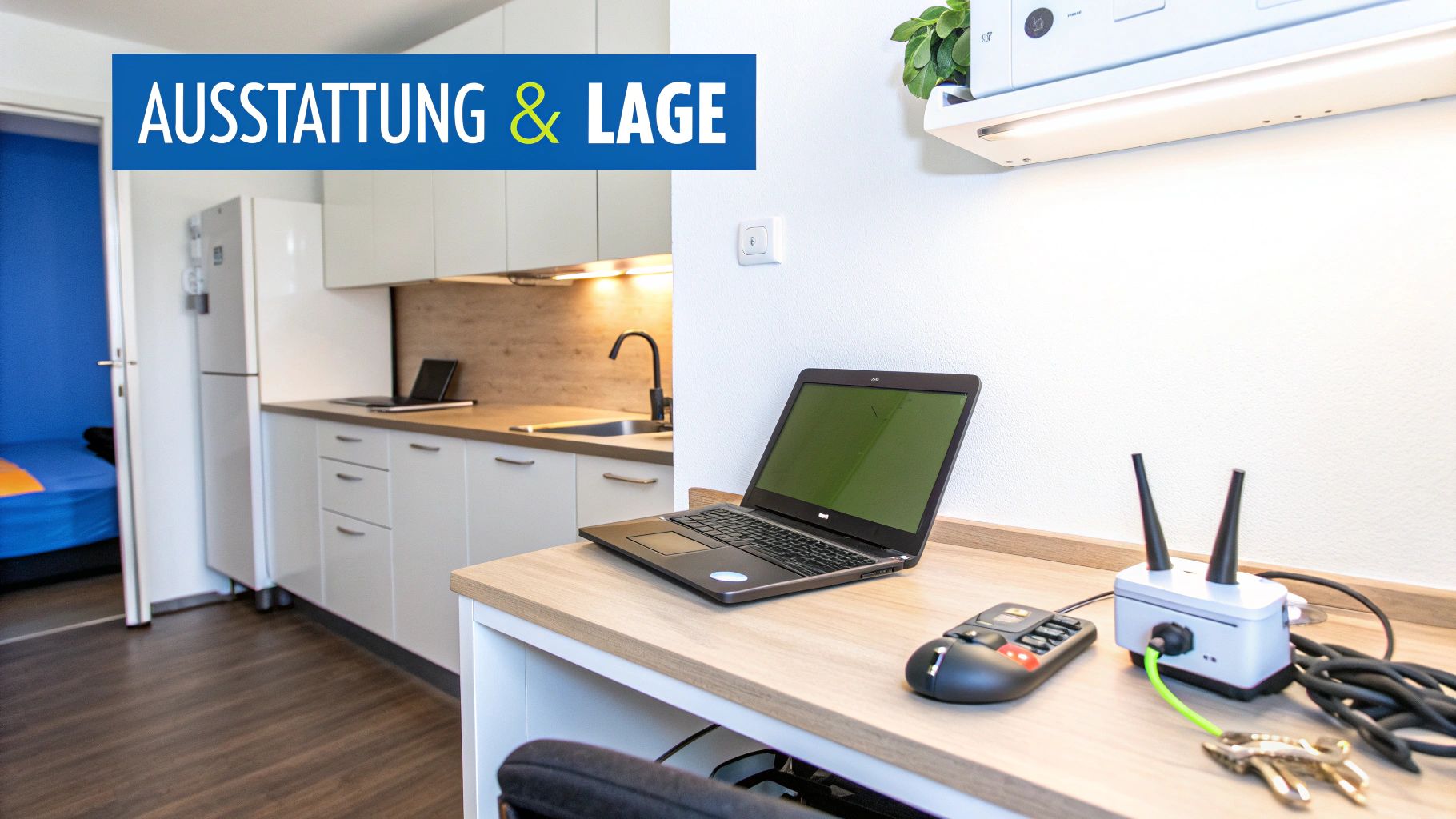 Modern eingerichtete Ferienwohnung mit Küchenzeile, Schreibtisch mit Laptop und Zugang zu einem weiteren Zimmer.