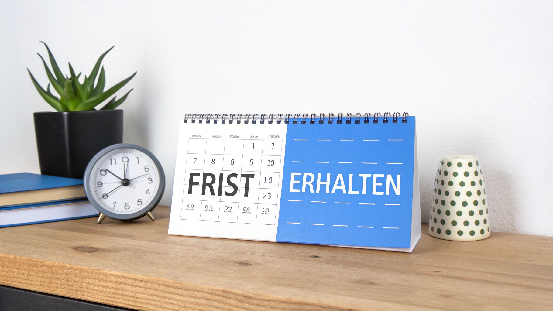 Ein Schreibtisch mit Pflanzen, Büchern, einem Wecker und einem Kalender, der „FRIST“ und „ERHALTEN“ zeigt.