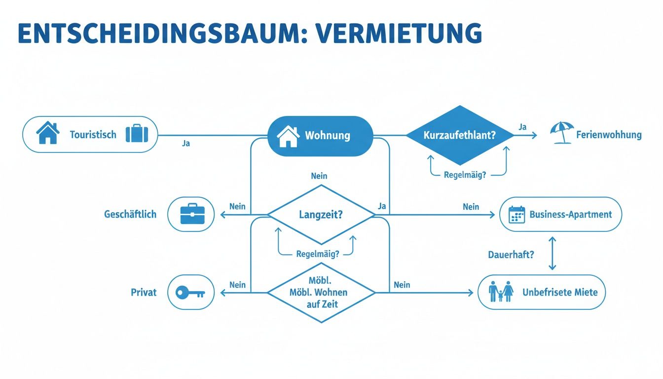 Ein Entscheidungsbaum zur Wohnung auf Zeit Vermietung, der die Klassifizierung in Ferienwohnung, Business-Apartment und unbefristete Miete darstellt.