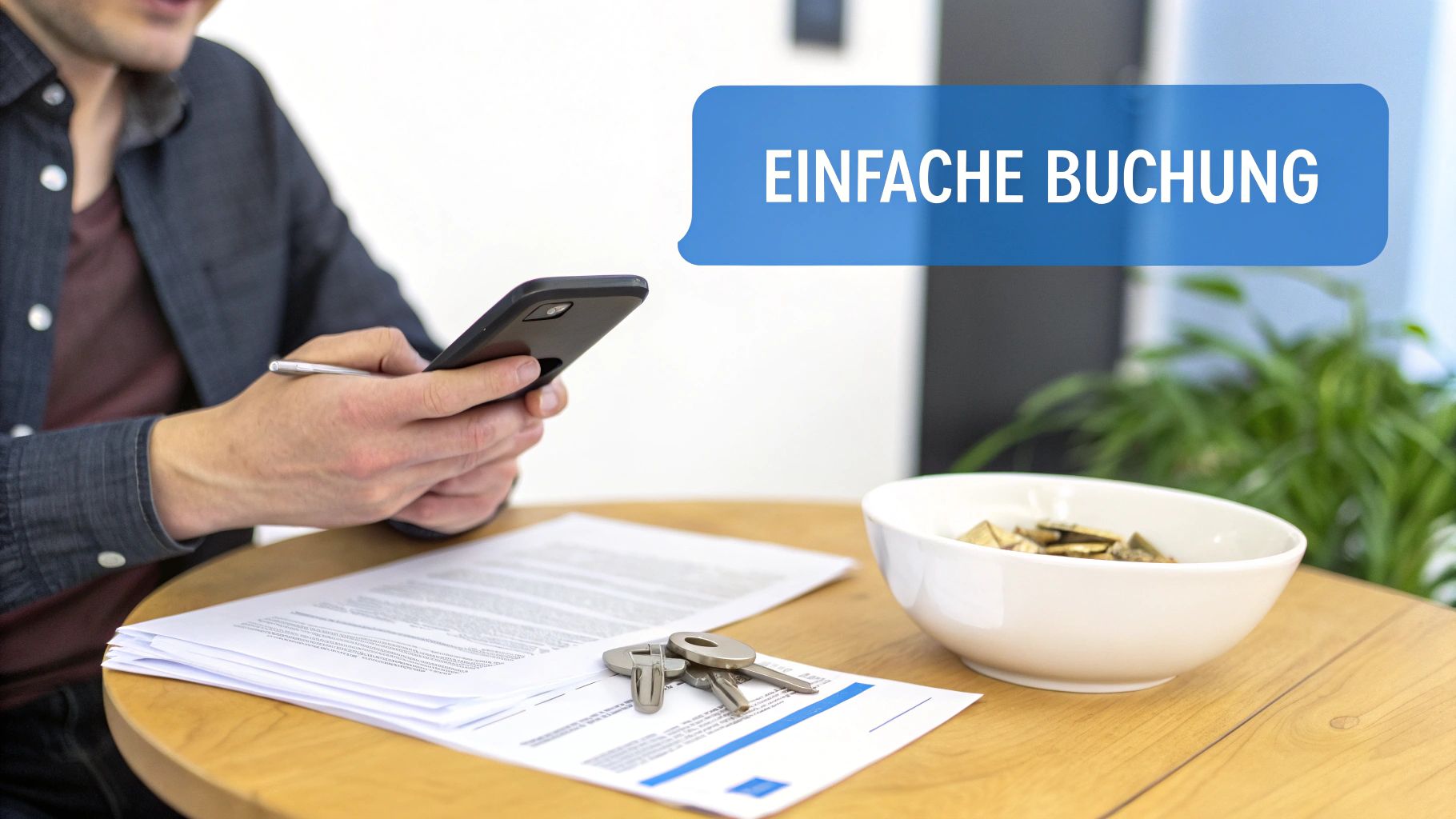 Ein Mann bucht einfach online mit seinem Smartphone. Auf dem Holztisch liegen Dokumente, Schlüssel und eine Schale.