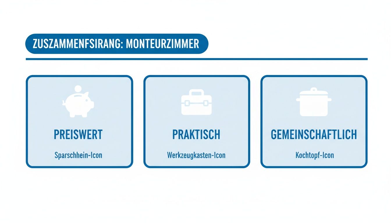 Infografik zu Monteurzimmern, hervorhebend die Vorteile: preiswert (Sparschwein), praktisch (Werkzeugkasten) und gemeinschaftlich (Kochtopf).
