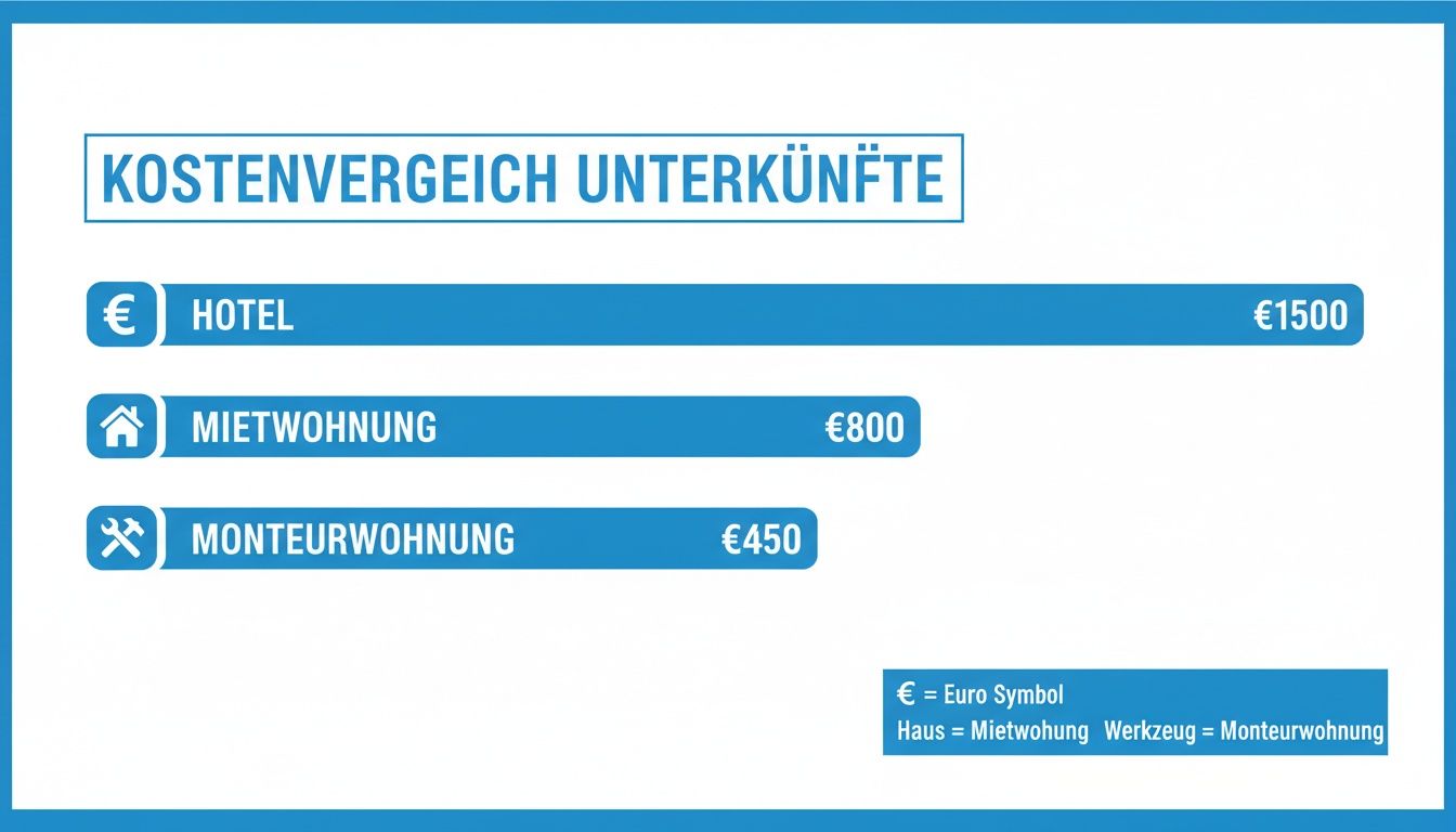 Kostenvergleich verschiedener Unterkunftsarten: Hotel, Mietwohnung, Monteurwohnung mit Preisangaben.