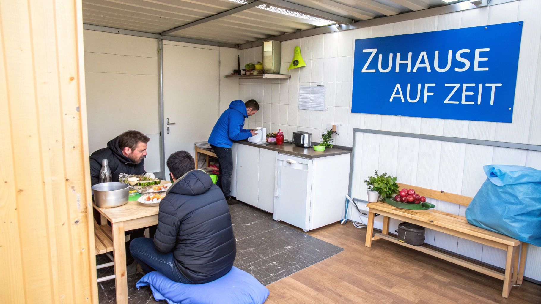 Drei Arbeiter in einer Gemeinschaftsküche einer Monteurunterkunft beim Essen zubereiten und entspannen
