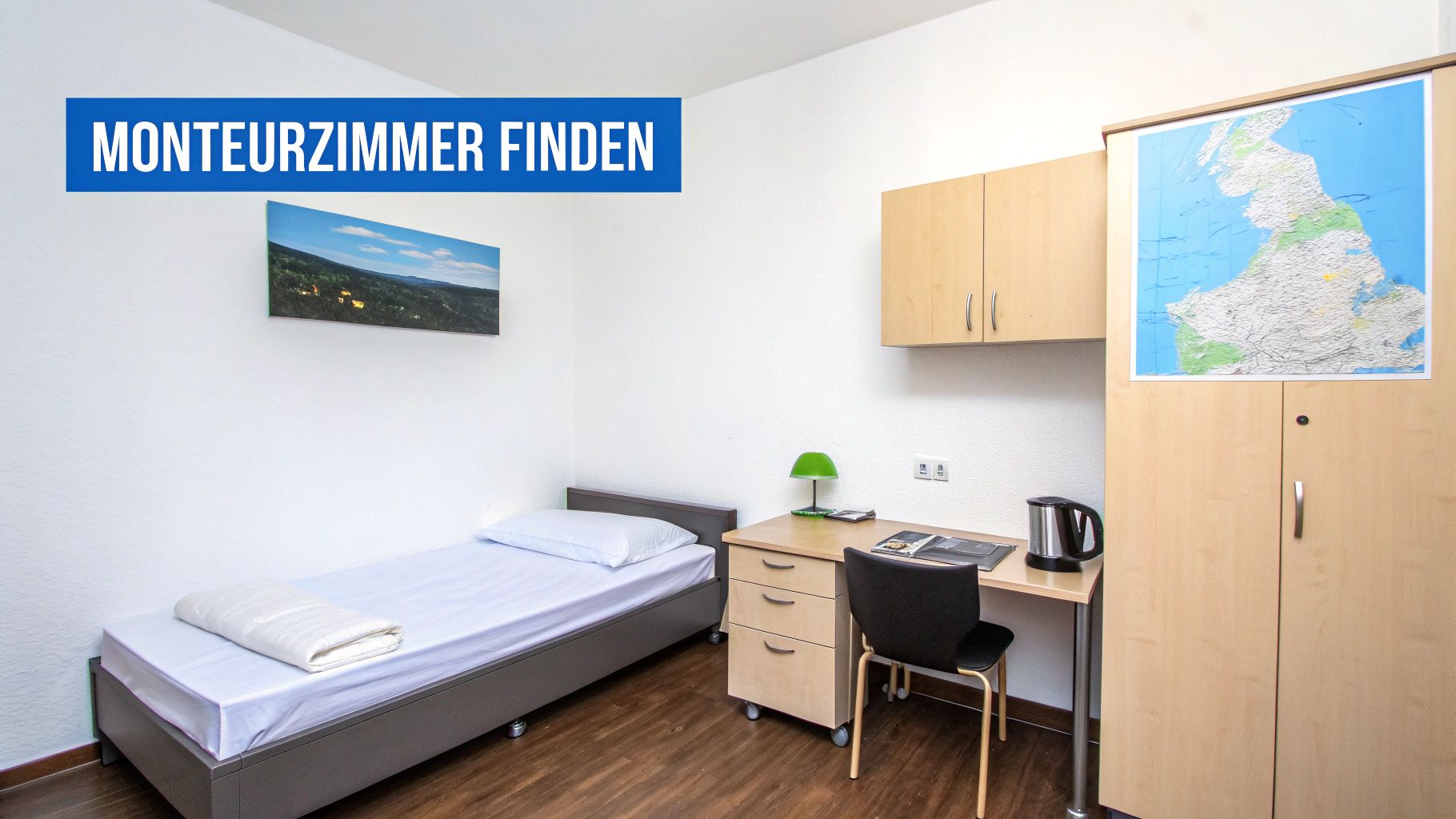 Helles und sauberes Monteurzimmer mit Einzelbett, Schreibtisch, Schrank und Weltkarte.