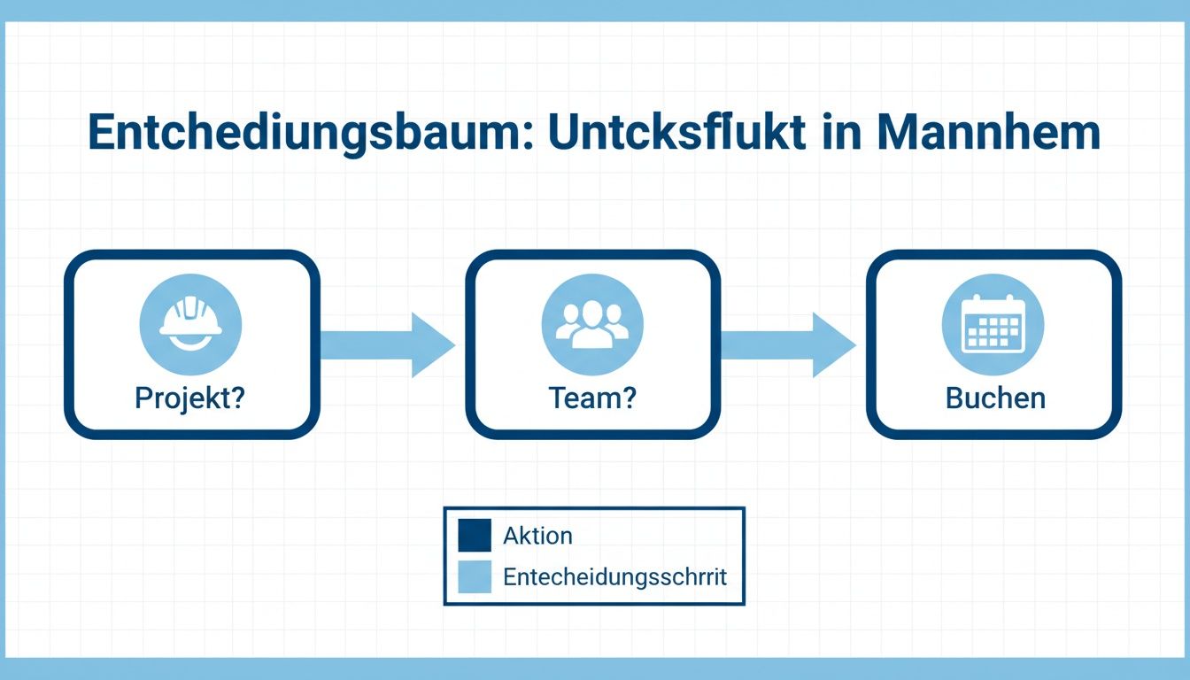 Flussdiagramm eines Entscheidungsbaums für einen Buchungsprozess in Mannheim mit den Schritten Projekt, Team und Buchen.