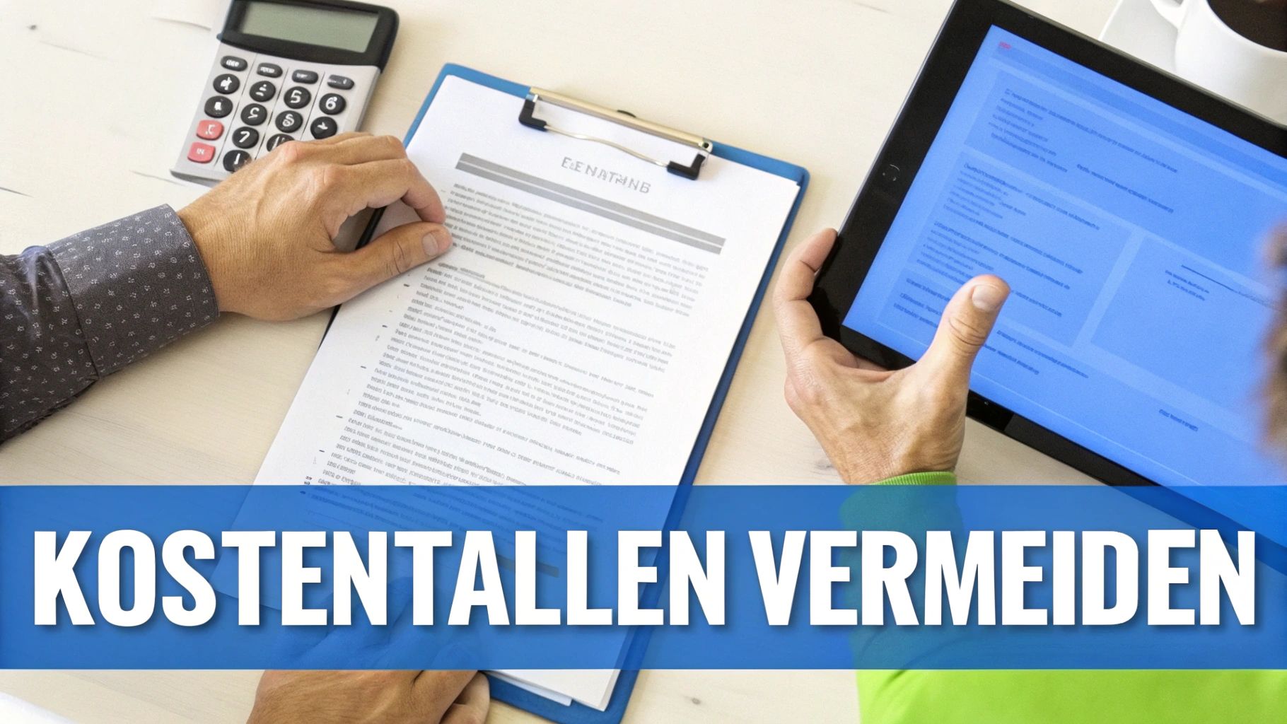 Hände auf einem Schreibtisch mit Taschenrechner, Dokument und Tablet, Text: Kostentallen vermeiden.