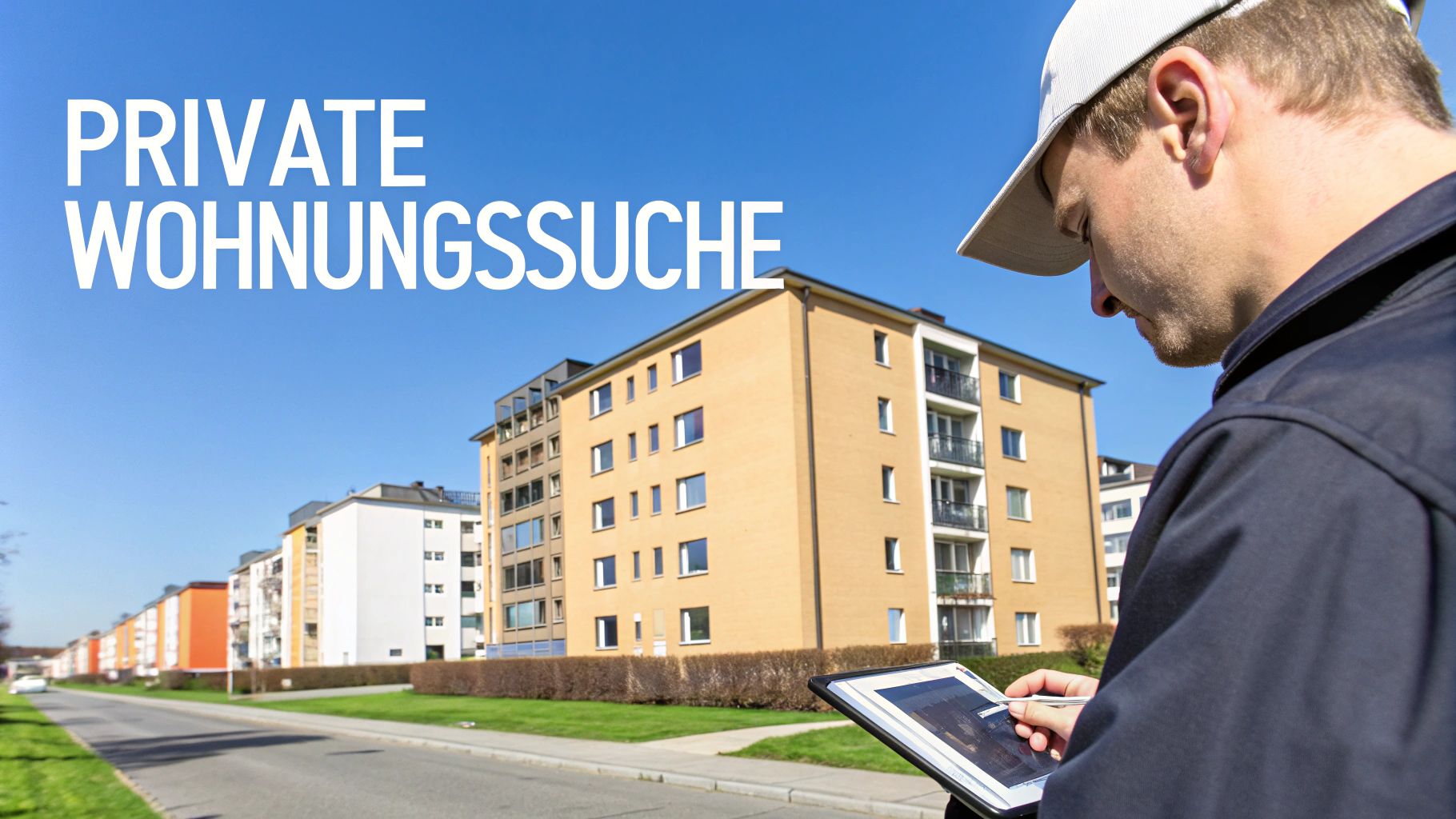 Mann mit Tablet bei der privaten Wohnungssuche vor modernen Mehrfamilienhäusern unter blauem Himmel.