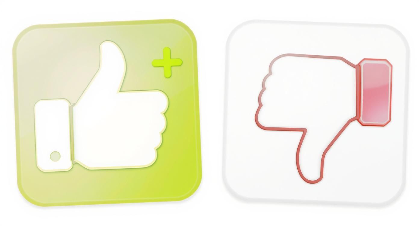 Grünes Daumen-hoch-Symbol und rotes Daumen-runter-Symbol auf weißem Hintergrund, glänzende Icons.