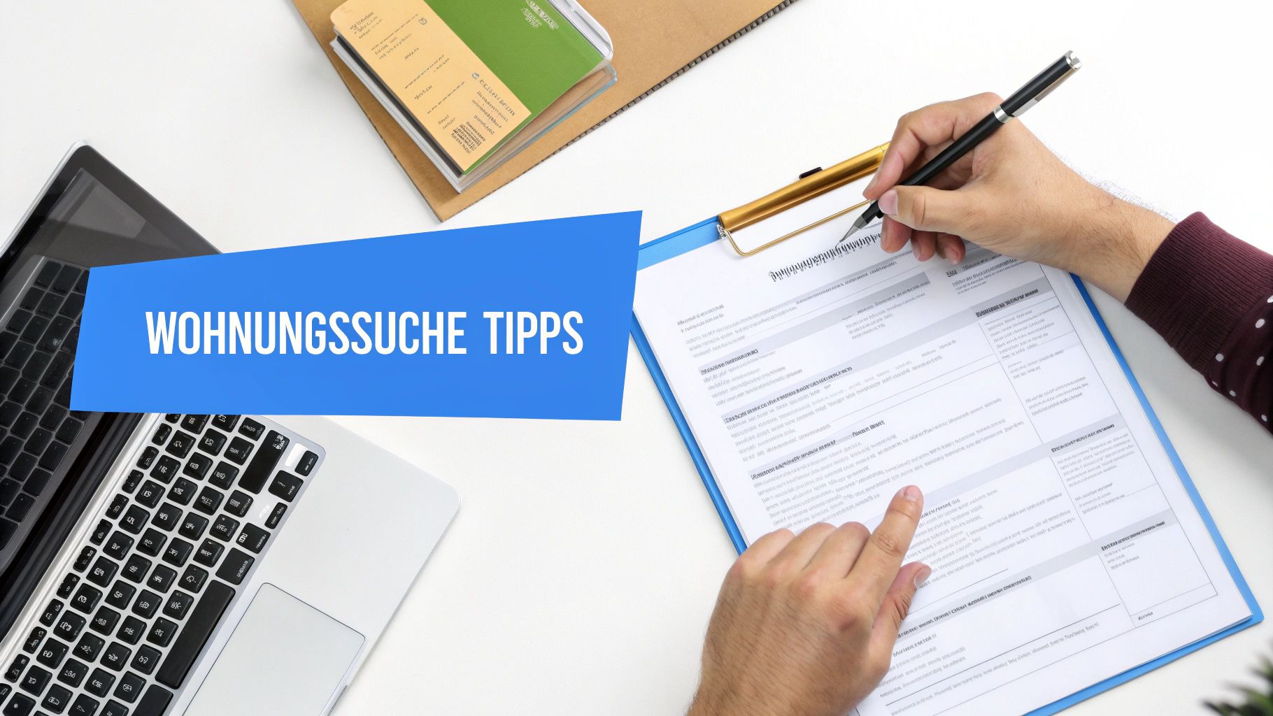 Person schreibt auf einem Klemmbrett, Laptop und Bücher auf einem Schreibtisch mit dem Text 'Wohnungssuche Tipps'.