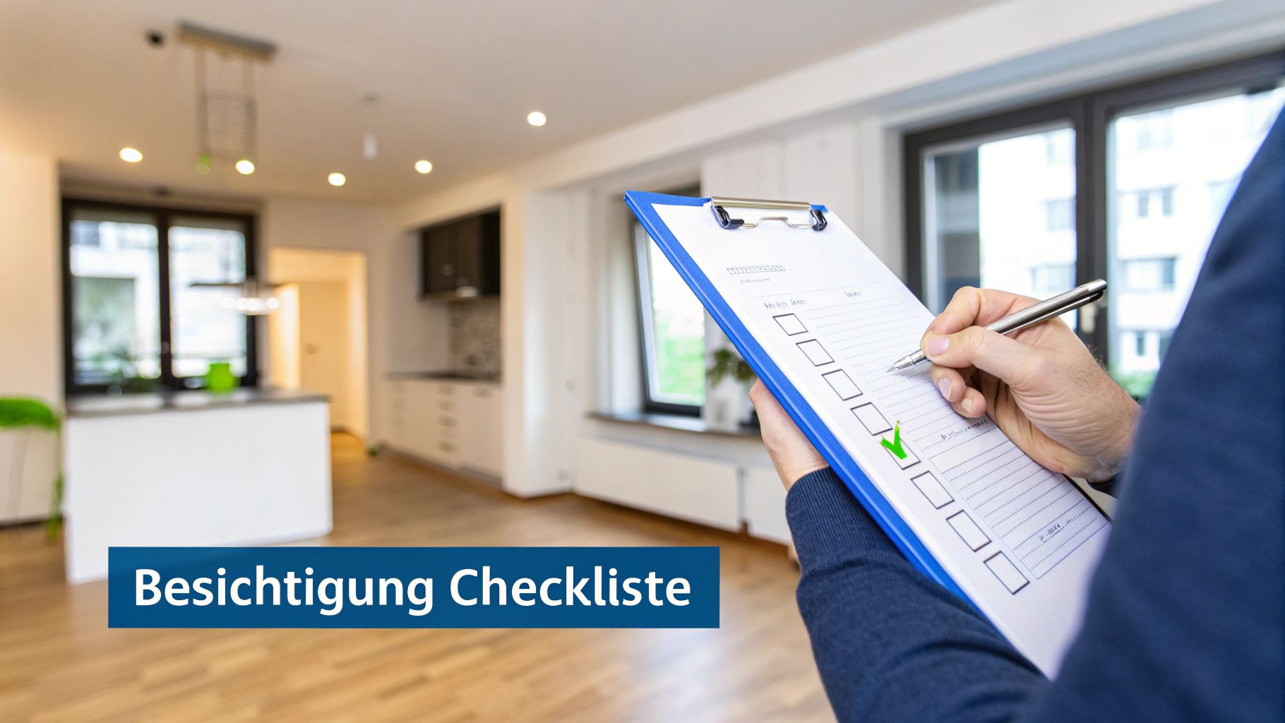 Person füllt eine Besichtigungs-Checkliste in einer modernen, hellen Wohnung aus.